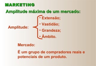 Amplitude máxima de um mercado:Amplitude máxima de um mercado:
Amplitude:
Mercado:
É um grupo de compradores reais e
potenciais de um produto.
MARKETINGMARKETING
• Extensão;
• Vastidão;
• Grandeza;
• Âmbito.
 