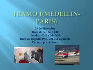 23 de diciembre
Hora de salida: 18:40
Escalas : Cali y Madrid
Hora de llegada: 19:30 del dia siguiente
Volaran por Avianca
 