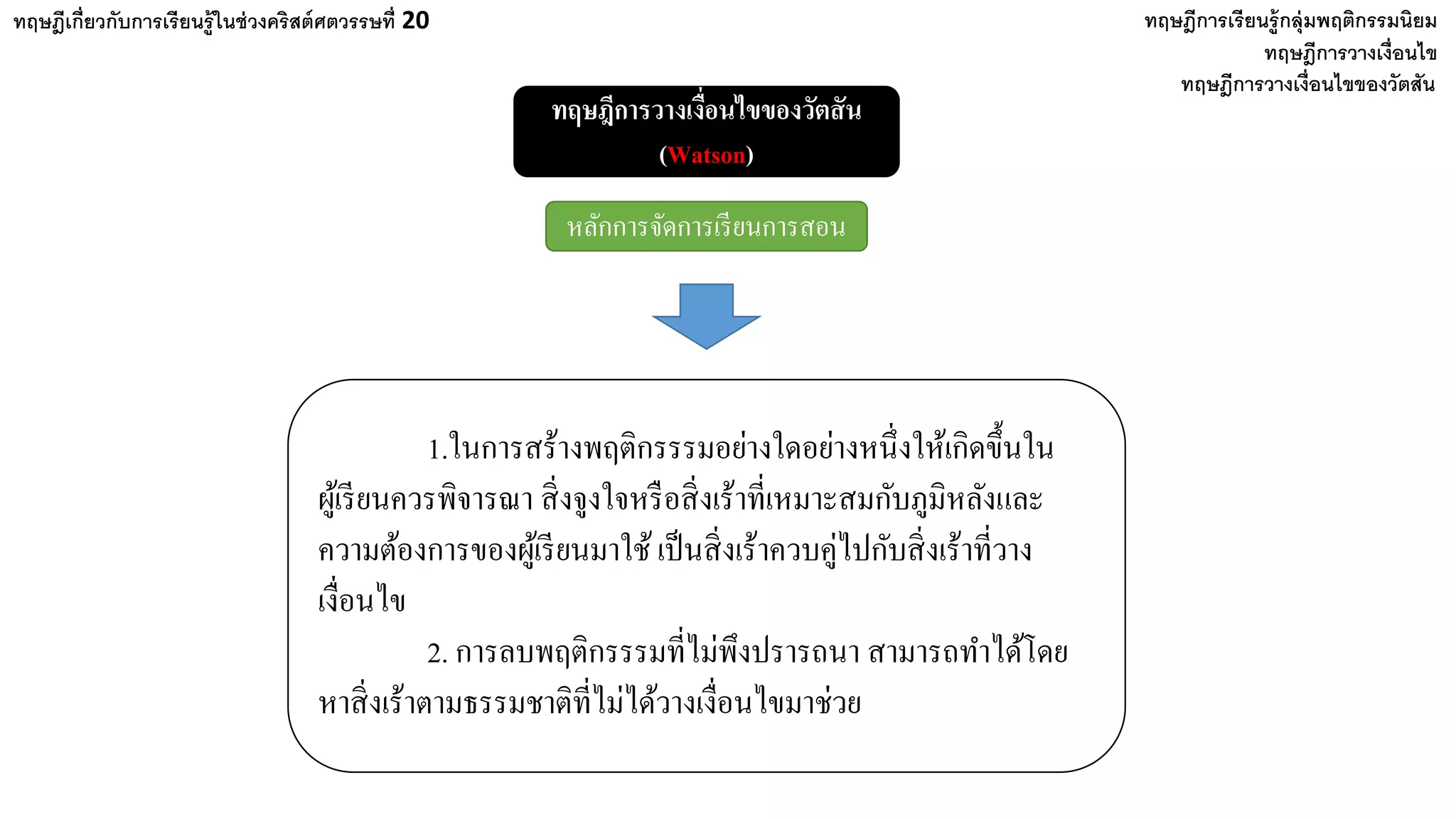 ทฤษฎีเกี่ยวกับการเรียนรู้ในช่วงคริสต์ศตวรรษที่ 20 ทฤษฎีการเรียนรู้กลุ่มพฤติกรรมนิยม
ทฤษฎีการวางเงื่อนไข
ทฤษฎีการวางเงื่อนไขของวัตสัน
ทฤษฎีการวางเงื่อนไขของวัตสัน
(Watson)
หลักการจัดการเรียนการสอน
1.ในการสร้างพฤติกรรรมอย่างใดอย่างหนึ่งให้เกิดขึ้นใน
ผู้เรียนควรพิจารณา สิ่งจูงใจหรือสิ่งเร้าที่เหมาะสมกับภูมิหลังและ
ความต้องการของผู้เรียนมาใช้เป็นสิ่งเร้าควบคู่ไปกับสิ่งเร้าที่วาง
เงื่อนไข
2. การลบพฤติกรรรมที่ไม่พึงปรารถนา สามารถทําได้โดย
หาสิ่งเร้าตามธรรมชาติที่ไม่ได้วางเงื่อนไขมาช่วย
 