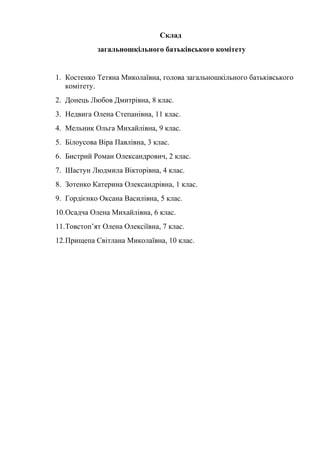 Склад
загальношкільного батьківського комітету
1. Костенко Тетяна Миколаївна, голова загальношкільного батьківського
комітету.
2. Донець Любов Дмитрівна, 8 клас.
3. Недвига Олена Степанівна, 11 клас.
4. Мельник Ольга Михайлівна, 9 клас.
5. Білоусова Віра Павлівна, 3 клас.
6. Бистрий Роман Олександрович, 2 клас.
7. Шастун Людмила Вікторівна, 4 клас.
8. Зотенко Катерина Олександрівна, 1 клас.
9. Гордієнко Оксана Василівна, 5 клас.
10.Осадча Олена Михайлівна, 6 клас.
11.Товстоп’ят Олена Олексіївна, 7 клас.
12.Прищепа Світлана Миколаївна, 10 клас.
 
