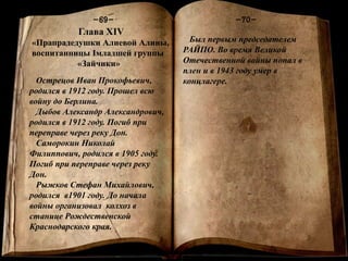 Книга памяти
-1-
-70--69-
Глава ХIV
«Прапрадедушки Алиевой Алины,
воспитанницы Iмладшей группы
«Зайчики»
Острецов Иван Прокофьевич,
родился в 1912 году. Прошел всю
войну до Берлина.
Дыбов Александр Александрович,
родился в 1912 году. Погиб при
переправе через реку Дон.
Саморокин Николай
Филиппович, родился в 1905 году.
Погиб при переправе через реку
Дон.
Рыжков Стефан Михайлович,
родился в1901 году. До начала
войны организовал колхоз в
станице Рождественской
Краснодарского края.
Был первым председателем
РАЙПО. Во время Великой
Отечественной войны попал в
плен и в 1943 году умер в
концлагере.
 