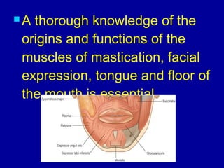  A thorough knowledge of the
origins and functions of the
muscles of mastication, facial
expression, tongue and floor of
the mouth is essential.
 