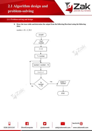 Page 28 of 85
2.1 Algorithm design and
problem-solving
2.1.1 Problem-solving and design
8. Draw the trace table and determine the output from the following flowchart using the following
data:
number = 45, -2, 20.5
 