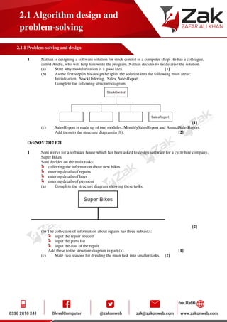 Page 32 of 85
2.1 Algorithm design and
problem-solving
2.1.1 Problem-solving and design
1 Nathan is designing a software solution for stock control in a computer shop. He has a colleague,
called Andre, who will help him write the program. Nathan decides to modularise the solution.
(a) State why modularisation is a good idea. [1]
(b) As the first step in his design he splits the solution into the following main areas:
Initialisation, StockOrdering, Sales, SalesReport.
Complete the following structure diagram.
[1]
(c) SalesReport is made up of two modules, MonthlySalesReport and AnnualSalesReport.
Add them to the structure diagram in (b). [2]
Oct/NOV 2012 P21
1 Soni works for a software house which has been asked to design software for a cycle hire company,
Super Bikes.
Soni decides on the main tasks:
collecting the information about new bikes
entering details of repairs
entering details of hirer
entering details of payment
(a) Complete the structure diagram showing these tasks.
[2]
(b) The collection of information about repairs has three subtasks:
input the repair needed
input the parts list
input the cost of the repair
Add these to the structure diagram in part (a). [1]
(c) State two reasons for dividing the main task into smaller tasks. [2]
 