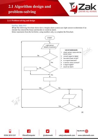 Page 48 of 85
2.1 Algorithm design and
problem-solving
2.1.1 Problem-solving and design
Oct/Nov 2010. P13
15 (a) The following flowchart shows how a burglar alarm system uses light sensors to determine if an
intruder has entered the house and decides to sound an alarm.
Select statements from the list below, using numbers only, to complete the flowchart.
 