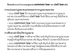 ข้อแตกต่างระหว่างระบบกฎหมาย common law และ civil law (ต่อ)
การแบ่งแยกกฎหมายเอกชนออกจากกฎหมายมหาชน
- ระบบ civil law มีการแบ่งแยกกฎหมายเอกชนออกจากกฎหมาย
มหาชน ประเทศที่ใช้ระบบ civil law จึงมักใช้ระบบศาลคู่ คือมีทั้งศาล
ยุติธรรม และศาลปกครอง
- ระบบ common law ไม่มีการแบ่งแยกกฎหมายเอกชนออกจาก
กฎหมายมหาชน และไม่มีการแบ่งข้อพิพาทเป็นคดีเอกชนออกจากคดี
ปกครอง ซึ่งเป็นระบบศาลเดียว
การศึกษาเล่าเรียนวิชากฎหมาย
- ระบบ civil law การศึกษาจะให้ความสาคัญกับประมวลกฎหมายและ
ทฤษฎีระดับสูงที่เป็นนามธรรม เช่น สัญญาคืออะไร แบ่งออกเป็นกี่ประเภท
- ระบบ common law จะให้ความสาคัญกับคาพิพากษาของศาล
โดยเฉพาะคาพิพากษาของศาลสูง โดยผู้สอนจะสอนให้นักศึกษาอ่านคา
พิพากษาของศาล โดยเฉพาะศึกษาการให้เหตุผลของศาล
 