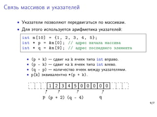 Связь массивов и указателей
∙ Указатели позволяют передвигаться по массивам.
∙ Для этого используется арифметика указателей:
int m[10] = {1, 2, 3, 4, 5};
int * p = &m[0]; // адрес начала массива
int * q = &m[9]; // адрес последнего элемента
∙ (p + k) — сдвиг на k ячеек типа int вправо.
∙ (p - k) — сдвиг на k ячеек типа int влево.
∙ (q - p) — количество ячеек между указателями.
∙ p[k] эквивалентно *(p + k).
1 2 3 4 5 0 0 0 0 0
p q(p + 2) (q - 4)
6/7
 