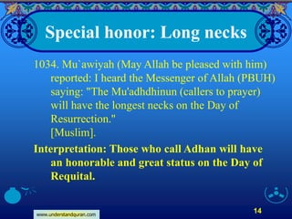 www.understandquran.com
14
Special honor: Long necks
1034. Mu`awiyah (May Allah be pleased with him)
reported: I heard the Messenger of Allah (PBUH)
saying: "The Mu'adhdhinun (callers to prayer)
will have the longest necks on the Day of
Resurrection.''
[Muslim].
Interpretation: Those who call Adhan will have
an honorable and great status on the Day of
Requital.
 
