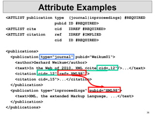 36
Attribute Examples
<ATTLIST publication type (journal|inproceedings) #REQUIRED
pubid ID #REQUIRED>
<ATTLIST cite cid IDREF #REQUIRED>
<ATTLIST citation ref IDREF #IMPLIED
cid ID #REQUIRED>
<publications>
<publication type=“journal“ pubid=“Weikum01“>
<author>Gerhard Weikum</author>
<text>In the Web of 2010, XML <cite cid=„12“/>...</text>
<citation cid=„12“ ref=„XML98“/>
<citation cid=„15“>...</citation>
</publication>
<publication type=“inproceedings“ pubid=“XML98“>
<text>XML, the extended Markup Language, ...</text>
</publication>
</publications>
 