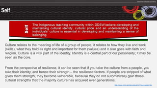 Self
Culture relates to the meaning of life of a group of people, it relates to how they live and work
(skills), what they hold as right and important for them (values) and it also goes with faith and
religion. Culture is a vital part of the identity. Identity is a central part of our personality; it may be
seen as the core.
From the perspective of resilience, it can be seen that if you take the culture from a people, you
take their identity, and hence their strength – the resilience factors. If people are stripped of what
gives them strength, they become vulnerable, because they do not automatically gain those
cultural strengths that the majority culture has acquired over generations.
http://www.immi.se/intercultural/nr11/gunnestad.htm
 