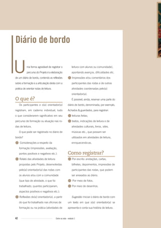 42 Entre na roda - módulo 1
ma forma agradável de registrar o
percurso do Projeto é a elaboração
de um diário de bordo, contendo as reflexões
sobre a formação e a articulação desta com a
prática de orientar rodas de leitura.
O que é?
Os participantes e o(a) orientador(a)
registram, em caderno individual, tudo
o que considerarem significativo em seu
percurso de formação ou atuação nas ro-
das de leitura.
O que pode ser registrado no diário de
bordo?
● Considerações a respeito da
formação (impressões, avaliação,
pontos positivos e negativos etc.).
● Relato das atividades de leitura
propostas pelo Projeto, desenvolvidas
pelo(a) orientador(a) das rodas com
os alunos e/ou com a comunidade
(que tipo de atividade, o que foi
trabalhado, quantos participaram,
aspectos positivos e negativos etc.).
● Reflexões do(a) orientador(a), a partir
do que foi trabalhado nas oficinas de
formação ou na prática (atividades de
leitura com alunos ou comunidade),
apontando avanços, dificuldades etc.
● Impressões e/ou comentários dos
participantes das rodas e de outras
atividades coordenadas pelo(a)
orientador(a).
É possível, ainda, reservar uma parte do
diário de bordo, denominada, por exemplo,
Achados & guardados, para registrar:
● leituras feitas;
● textos, indicações de leitura e de
atividades culturais, livros, sites,
músicas etc., que possam ser
utilizados em atividades de leitura,
enriquecendo-as.
Como registrar?
● Por escrito: anotações, cartas,
bilhetes, depoimentos, impressões de
participantes das rodas, que podem
ser anexados ao diário.
● Por meio de fotos.
● Por meio de desenhos.
Sugestão: Iniciar o diário de bordo com
um texto em que o(a) orientador(a) se
apresenta e conta sua história de leitura.
Diário de bordo
U
Entre_na_roda_modulo1.indd 42 01/02/2010 18:54:33
 