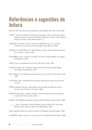 46 Entre na roda - módulo 1
Referências e sugestões de
leitura
BAJARD, Élie. Caminhos da escrita: espaços de aprendizagem. São Paulo: Cortez, 2002.
CENPEC - Centro de Estudos e Pesquisas em Educação, Cultura e Ação Comunitária.
Estímulo à leitura: o prazer da descoberta. São Paulo: Cenpec, 1999. [Coleção
Amigos da escola – todos pela educação, 4.]
CHARTIER, Anne-Marie, CLESSE, Christiane, HÉBRARD, Jean. Ler e escrever:
entrando no mundo da escrita. Porto Alegre: Artes Médicas, 1996.
DIONÍSIO, A.P., MACHADO, S.R., BEZERRA, M.A. (Orgs.). Gêneros textuais & ensino.
Rio de Janeiro: Lucerna, 2002.
FOUCAMBERT, Jean. A leitura em questão. Trad. Bruno Charles Magne. Porto Alegre:
Artes Médicas, 1994.
FREIRE, Paulo. A importância do ato de ler. São Paulo: Cortez, 1990.
JOLIBERT, Josette et al. Formando crianças leitoras. Trad. Bruno Charles Magne.
Porto Alegre: Artes Médicas, 1994.
NERI, Alfredina et al. Biblioteca escolar: estrutura e funcionamento. São Paulo: Loyola,
1989.
PELLEGRINI, Tânia. Projeto Memória de leitura. Disponível em www.unicamp.br/iel/
memoria.
PRADO, Heloísa de Almeida. Organização e administração de bibliotecas. Rio de
Janeiro: Livros Técnicos e Científicos, 2000.
RESENDE, Vânia Maria. Literatura infantil & juvenil: vivências de leitura e expressão
criadora. São Paulo: Saraiva, 1993.
RIBEIRO, V.M. Alfabetismo e atitudes. Campinas, São Paulo: Papirus, Ação Educativa, 1999.
________ (Org.). Letramento no Brasil: reflexões a partir do INAF 2001. São Paulo:
Ação Educativa, Global, Instituto Paulo Montenegro, 2003.
SILVA, Ezequiel Theodoro da. Leitura na escola e na biblioteca. Campinas: Papirus, 1986.
ZILBERMAN, Regina. Leitura em crise na escola. Porto Alegre: Mercado Aberto, 1988.
Entre_na_roda_modulo1.indd 46 01/02/2010 18:54:43
 