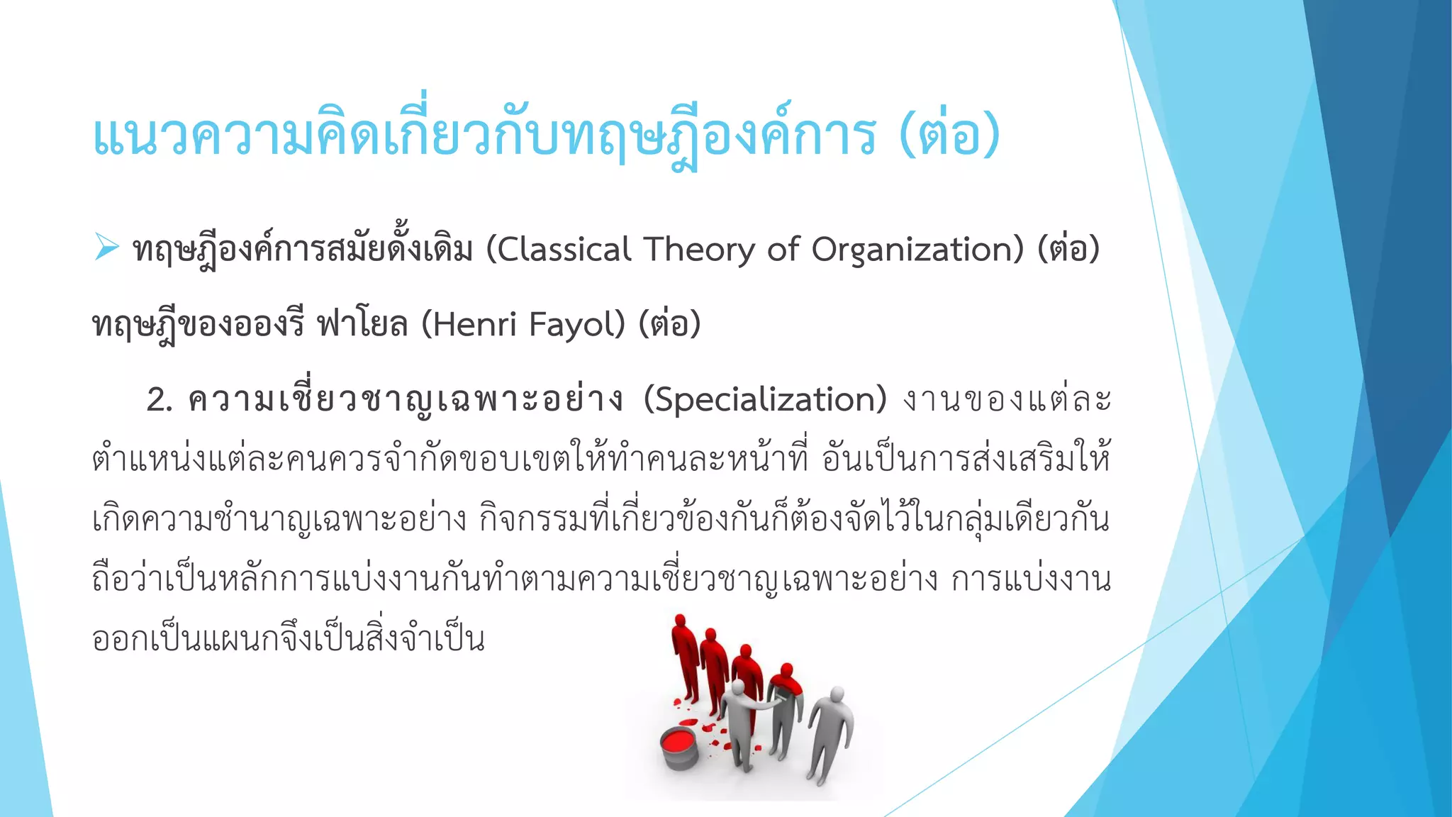 แนวความคิดเกี่ยวกับทฤษฎีองค์การ (ต่อ)
 ทฤษฎีองค์การสมัยดั้งเดิม (Classical Theory of Organization) (ต่อ)
ทฤษฎีของอองรี ฟาโยล (Henri Fayol) (ต่อ)
2. ความเชี่ยวชาญเฉพาะอย่าง (Specialization) งานของแต่ละ
ตาแหน่งแต่ละคนควรจากัดขอบเขตให้ทาคนละหน้าที่ อันเป็นการส่งเสริมให้
เกิดความชานาญเฉพาะอย่าง กิจกรรมที่เกี่ยวข้องกันก็ต้องจัดไว้ในกลุ่มเดียวกัน
ถือว่าเป็นหลักการแบ่งงานกันทาตามความเชี่ยวชาญเฉพาะอย่าง การแบ่งงาน
ออกเป็นแผนกจึงเป็นสิ่งจาเป็น
 