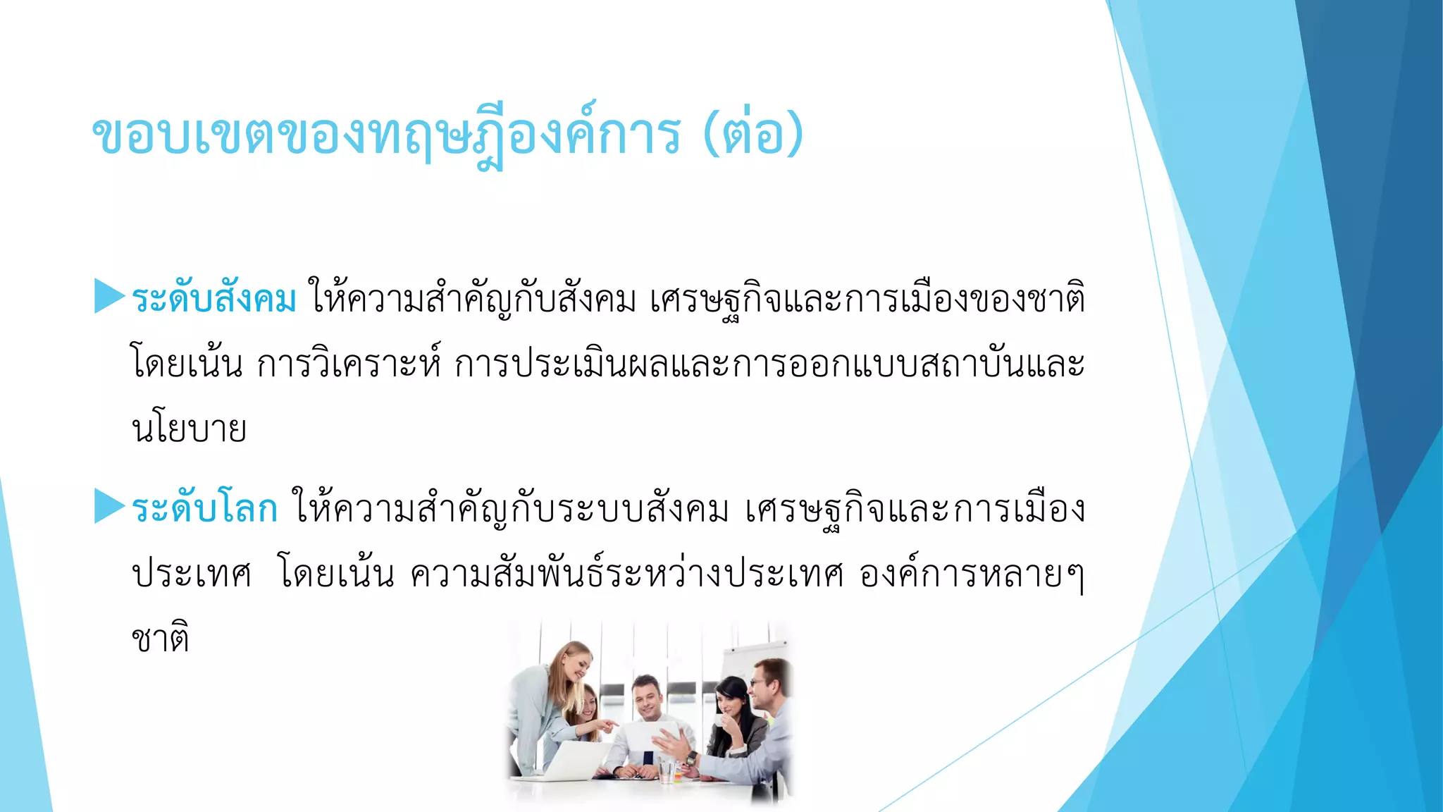 ขอบเขตของทฤษฎีองค์การ (ต่อ)
ระดับสังคม ให้ความสาคัญกับสังคม เศรษฐกิจและการเมืองของชาติ
โดยเน้น การวิเคราะห์ การประเมินผลและการออกแบบสถาบันและ
นโยบาย
ระดับโลก ให้ความสาคัญกับระบบสังคม เศรษฐกิจและการเมือง
ประเทศ โดยเน้น ความสัมพันธ์ระหว่างประเทศ องค์การหลายๆ
ชาติ
 