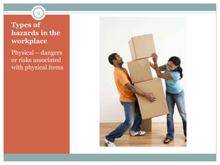 Types of
hazards in the
workplace
Physical – dangers
or risks associated
with physical items
9
 