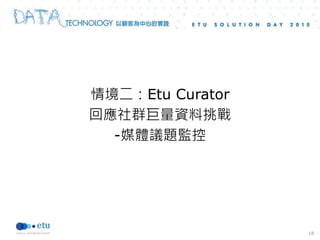 情境二：Etu Curator
回應社群巨量資料挑戰
-媒體議題監控
18
 
