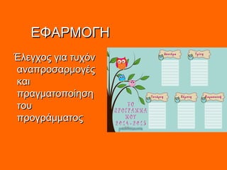 ΕΦΑΡΜΟΓΗΕΦΑΡΜΟΓΗ
Έλεγχος για τυχόνΈλεγχος για τυχόν
αναπροσαρμογέςαναπροσαρμογές
καικαι
πραγματοποίησηπραγματοποίηση
τουτου
προγράμματοςπρογράμματος
 