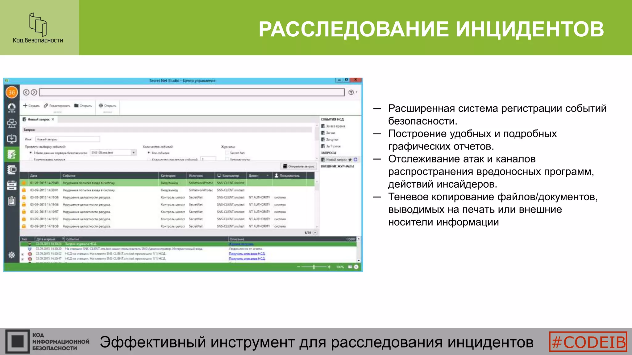 РАССЛЕДОВАНИЕ ИНЦИДЕНТОВ
Эффективный инструмент для расследования инцидентов
─ Расширенная система регистрации событий
безопасности.
─ Построение удобных и подробных
графических отчетов.
─ Отслеживание атак и каналов
распространения вредоносных программ,
действий инсайдеров.
─ Теневое копирование файлов/документов,
выводимых на печать или внешние
носители информации
#CODEIB
 