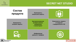 SECRET NET STUDIO
Состав
продукта Компоненты
локальной защиты
Компоненты
сетевой защиты
Централизованное
развертывание,
управление
и мониторинг
Компоненты защиты
от вирусов
и вредоносного ПО
Шифрование
данных и трафика
#CODEIB
 