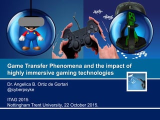ITAG 2015
Nottingham Trent University, 22 October 2015.
Dr. Angelica B. Ortiz de Gortari
@cyberpsyke
Game Transfer Phenomena and the impact of
highly immersive gaming technologies
 