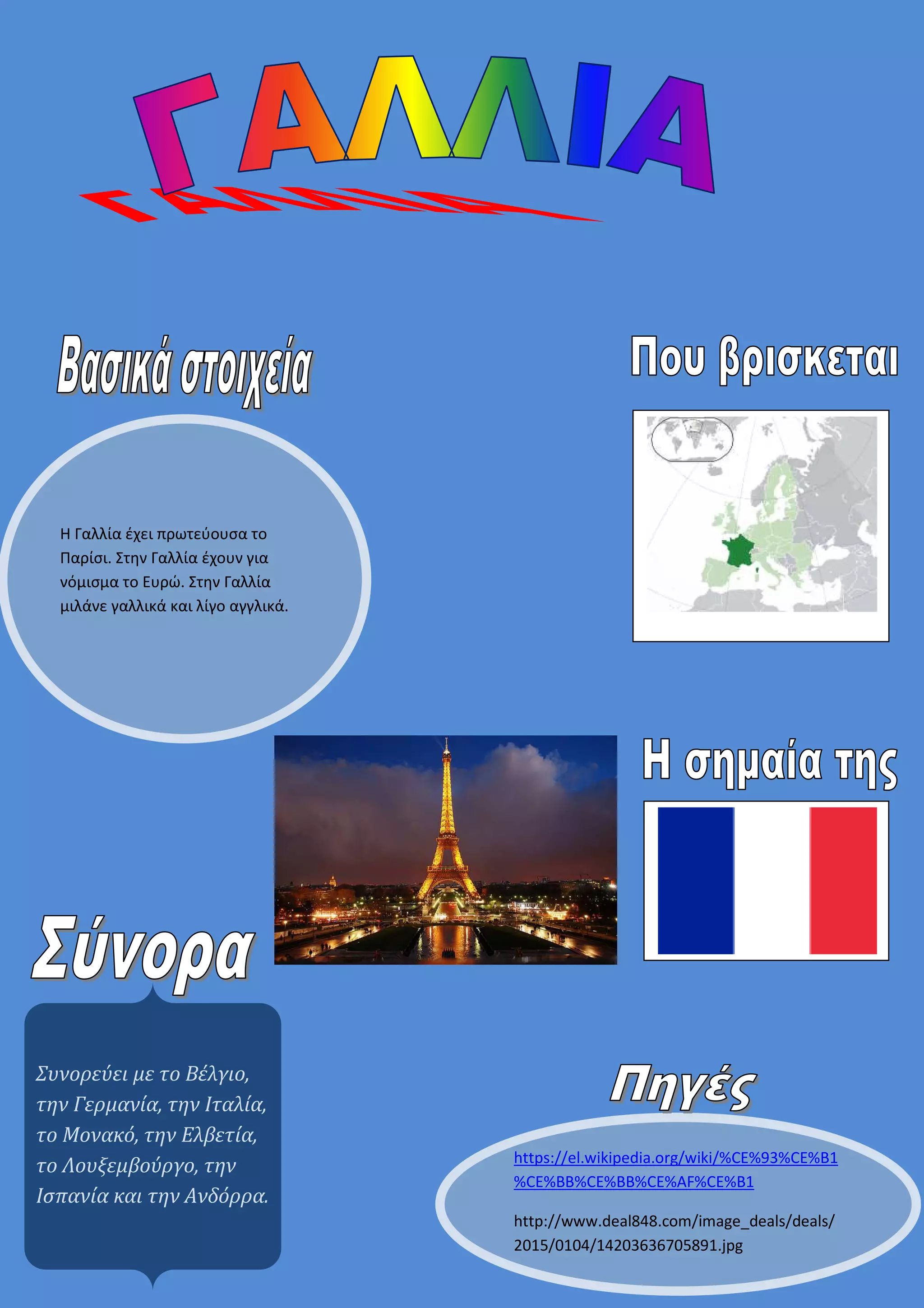 https://el.wikipedia.org/wiki/%CE%93%CE%B1
%CE%BB%CE%BB%CE%AF%CE%B1
http://www.deal848.com/image_deals/deals/
2015/0104/14203636705891.jpg
Η Γαλλία έχει πρωτεύουσα το
Παρίσι. Στην Γαλλία έχουν για
νόμισμα το Ευρώ. Στην Γαλλία
μιλάνε γαλλικά και λίγο αγγλικά.
Συνορεύει με το Βέλγιο,
την Γερμανία, την Ιταλία,
το Μονακό, την Ελβετία,
το Λουξεμβούργο, την
Ισπανία και την Ανδόρρα.
 