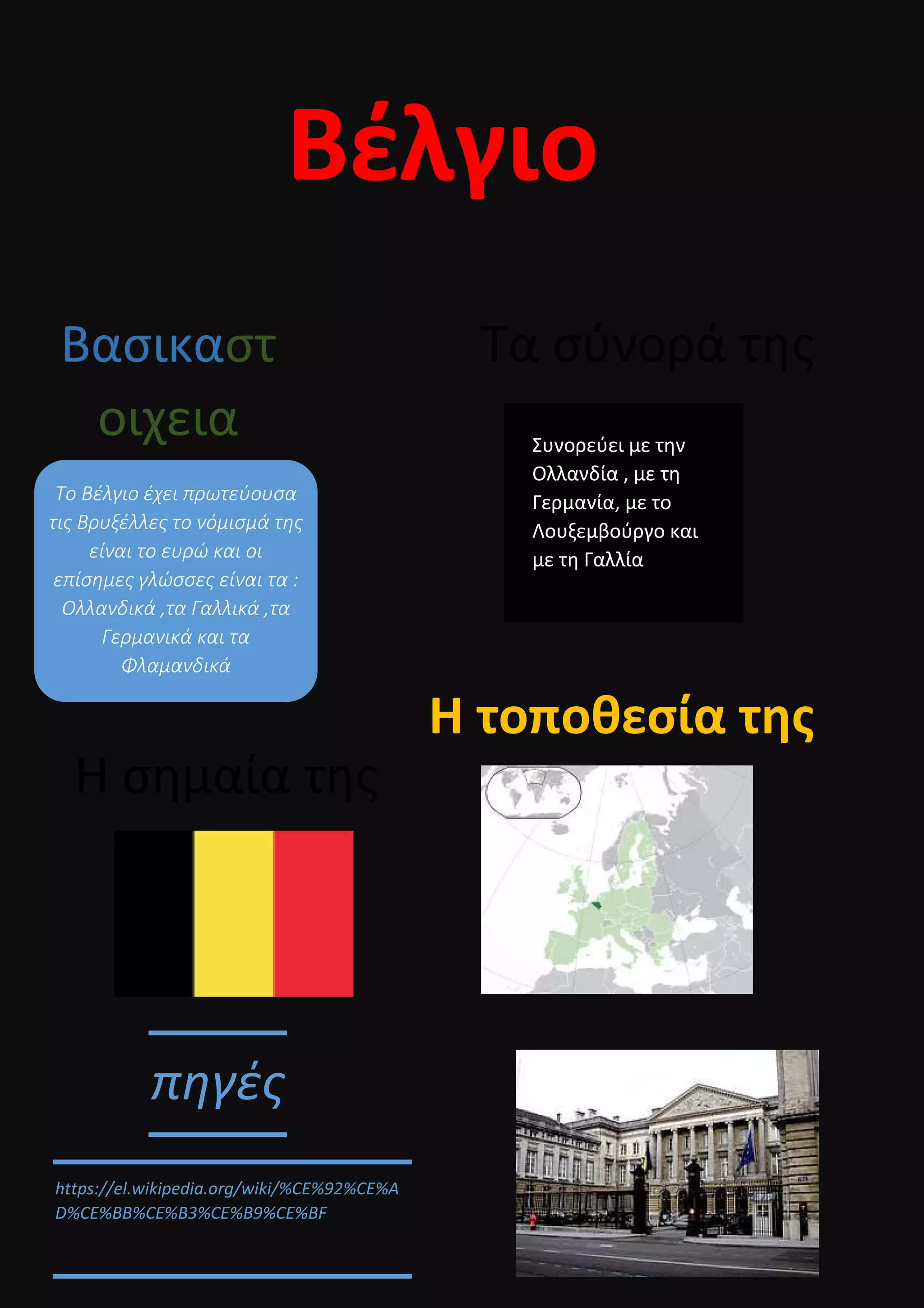 Βέλγιο
Βασικαστ
οιχεια
Το Βέλγιο έχει πρωτεύουσα
τις Βρυξέλλες το νόμισμά της
είναι το ευρώ και οι
επίσημες γλώσσες είναι τα :
Ολλανδικά ,τα Γαλλικά ,τα
Γερμανικά και τα
Φλαμανδικά
https://el.wikipedia.org/wiki/%CE%92%CE%A
D%CE%BB%CE%B3%CE%B9%CE%BF
πηγές
Τα σύνορά της
Συνορεύει με την
Ολλανδία , με τη
Γερμανία, με το
Λουξεμβούργο και
με τη Γαλλία
Η τοποθεσία της
Η σημαία της
 