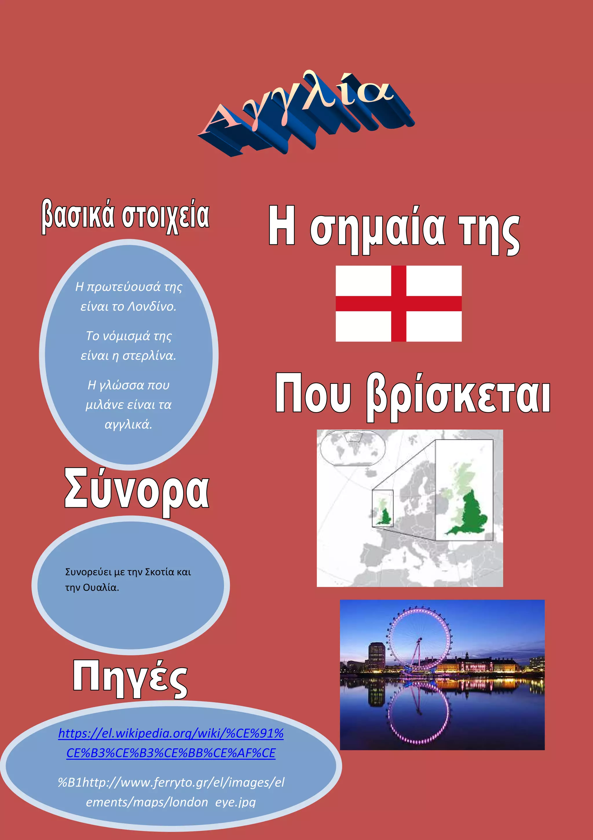 Η πρωτεύουσά της
είναι το Λονδίνο.
Το νόμισμά της
είναι η στερλίνα.
Η γλώσσα που
μιλάνε είναι τα
αγγλικά.
https://el.wikipedia.org/wiki/%CE%91%
CE%B3%CE%B3%CE%BB%CE%AF%CE
%B1http://www.ferryto.gr/el/images/el
ements/maps/london_eye.jpg
Συνορεύει με την Σκοτία και
την Ουαλία.
 