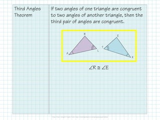 Third Angles
Theorem
If two angles of one triangle are congruent
to two angles of another triangle, then the
third pair of angles are congruent.
X
E
T
L
R
A
∠R ≅ ∠E
 