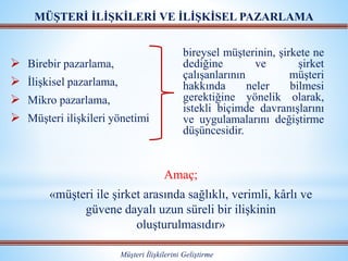 MÜŞTERİ İLİŞKİLERİ VE İLİŞKİSEL PAZARLAMA
Müşteri İlişkilerini Geliştirme
 Birebir pazarlama,
 İlişkisel pazarlama,
 Mikro pazarlama,
 Müşteri ilişkileri yönetimi
bireysel müşterinin, şirkete ne
dediğine ve şirket
çalışanlarının müşteri
hakkında neler bilmesi
gerektiğine yönelik olarak,
istekli biçimde davranışlarını
ve uygulamalarını değiştirme
düşüncesidir.
Amaç;
«müşteri ile şirket arasında sağlıklı, verimli, kârlı ve
güvene dayalı uzun süreli bir ilişkinin
oluşturulmasıdır»
 