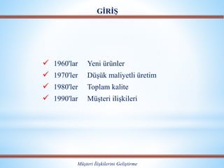  1960'lar Yeni ürünler
 1970'ler Düşük maliyetli üretim
 1980'ler Toplam kalite
 1990'lar Müşteri ilişkileri
GİRİŞ
Müşteri İlişkilerini Geliştirme
 