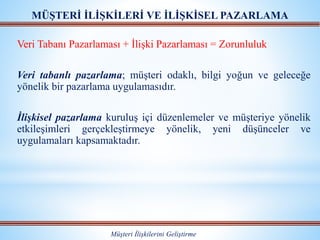 MÜŞTERİ İLİŞKİLERİ VE İLİŞKİSEL PAZARLAMA
Müşteri İlişkilerini Geliştirme
Veri Tabanı Pazarlaması + İlişki Pazarlaması = Zorunluluk
Veri tabanlı pazarlama; müşteri odaklı, bilgi yoğun ve geleceğe
yönelik bir pazarlama uygulamasıdır.
İlişkisel pazarlama kuruluş içi düzenlemeler ve müşteriye yönelik
etkileşimleri gerçekleştirmeye yönelik, yeni düşünceler ve
uygulamaları kapsamaktadır.
 