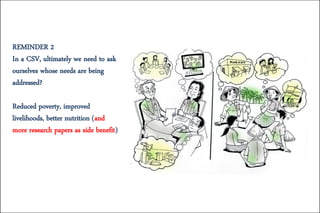 REMINDER 2
In a CSV, ultimately we need to ask
ourselves whose needs are being
addressed?
Reduced poverty, improved
livelihoods, better nutrition (and
more research papers as side benefit)
 