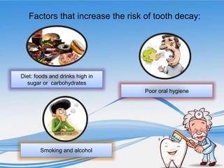 Factors that increase the risk of tooth decay:
Diet: foods and drinks high in
sugar or carbohydrates
Poor oral hygiene
Smoking and alcohol
 