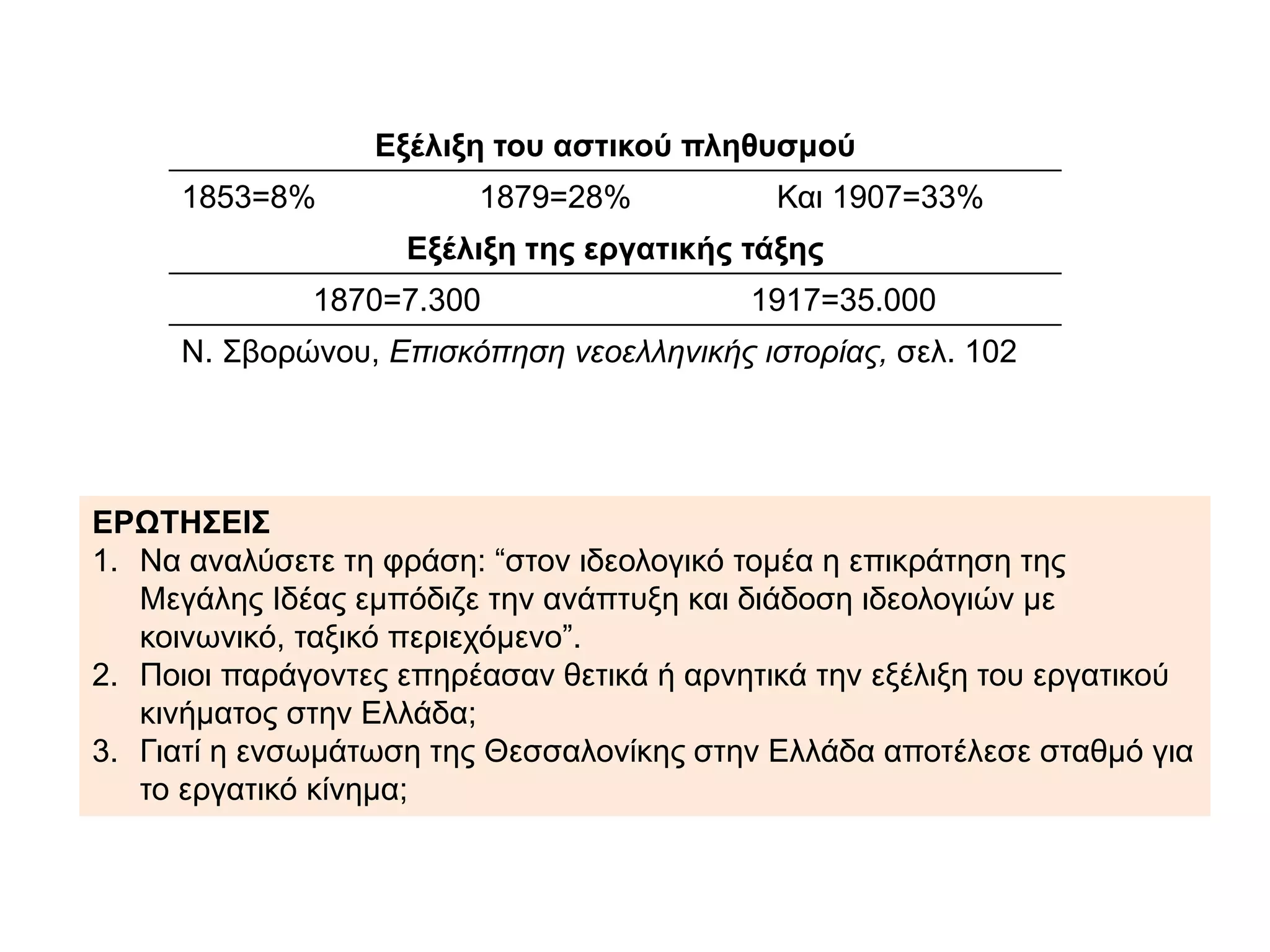 ΠΗΓΗ 2
Το ιδρυτικό συνέδριο του Σ.Ε.Κ.Ε.
Το πρόγραμμα που ψηφίζεται στο ιδρυτικό συνέδριο (του Σοσιαλιστικού Εργατικού Κόμματος –
Σ.Ε.Κ.Ε.) τον Νοέμβριο του 1918 ... ζητά σε ό,τι αφορά το πεδίο της οικονομίας:
«την δια νόμου καθιέρωσιν οκταώρου και κυριακής αργίας» την «ίδρυσιν υπό του κράτους
ταμείων και συντάξεως... και... δωρεάν παροχήν της ιατρικής περιθάλψεως και φαρμάκων...».
Ζητά επίσης την «κατάργησιν των εμμέσων φόρων...», προοδευτική φορολογία στο εισόδημα
και στα κεφάλαια, «συμμετοχή του κράτους εις τα κέρδη των μεγάλων μονοπωλίων»,
εθνικοποίηση των συγκοινωνιών, των Τραπεζών, των μεταλλείων και «συμμετοχή των εργατών
εις την διοίκησιν...» καθώς και την εθνικοποίησιν των τσιφλικιών και των μοναστηριακών
κτημάτων και την «παραχώρησίν των εις τας κοινότητας...»
Κ. Μοσκώφ, Εισαγωγικά στην Ιστορία του Κινήματος της Εργατικής Τάξης,
σσ. 413-414
 Με βάση το παράθεμα και τις ιστορικές σας γνώσεις να αναφερθείτε :
α) στη συμβολή της Φεντερασιόν στην ανάπτυξη του εργατικού κινήματος στην Ελλάδα
στις αρχές του 20ου αι.
β) στις βασικές θέσεις του ΣΕΚΕ υπέρ της εργατικής και αγροτικής τάξης.
 