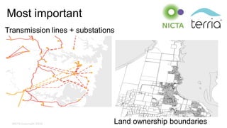 NICTA Copyright 2015
Most important
Transmission lines + substations
Land ownership boundaries
 