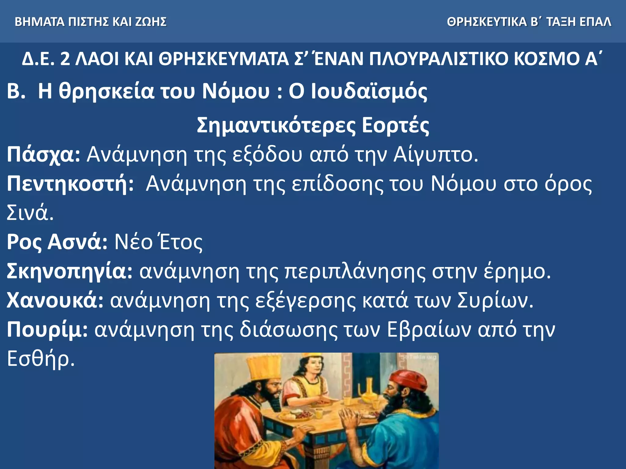 ΒΗΜΑΤΑ ΠΙΣΤΗΣ ΚΑΙ ΖΩΗΣ ΘΡΗΣΚΕΥΤΙΚΑ Β΄ ΤΑΞΗ ΕΠΑΛ
Δ.Ε. 2 ΛΑΟΙ ΚΑΙ ΘΡΗΣΚΕΥΜΑΤΑ Σ’ ΈΝΑΝ ΠΛΟΥΡΑΛΙΣΤΙΚΟ ΚΟΣΜΟ Α΄
Β. Η θρησκεία του Νόμου : Ο Ιουδαϊσμός
Σημαντικότερες Εορτές
Πάσχα: Ανάμνηση της εξόδου από την Αίγυπτο.
Πεντηκοστή: Ανάμνηση της επίδοσης του Νόμου στο όρος
Σινά.
Ρος Ασνά: Νέο Έτος
Σκηνοπηγία: ανάμνηση της περιπλάνησης στην έρημο.
Χανουκά: ανάμνηση της εξέγερσης κατά των Συρίων.
Πουρίμ: ανάμνηση της διάσωσης των Εβραίων από την
Εσθήρ.
.
 