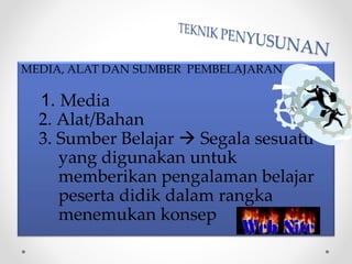 MEDIA, ALAT DAN SUMBER PEMBELAJARAN
1. Media
2. Alat/Bahan
3. Sumber Belajar  Segala sesuatu
yang digunakan untuk
memberikan pengalaman belajar
peserta didik dalam rangka
menemukan konsep
 