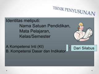 Identitas meliputi:
Nama Satuan Pendidikan,
Mata Pelajaran,
Kelas/Semester
A. Kompetensi Inti (KI)
B. Kompetensi Dasar dan Indikator
Dari Silabus
 