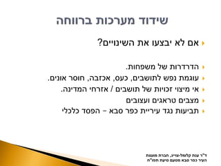 ‫ד‬"‫קלומל‬ ‫ענת‬ ‫ר‬-‫צוייג‬,‫מועצת‬ ‫חברת‬
‫תפו‬ ‫סיעת‬ ‫מטעם‬ ‫סבא‬ ‫כפר‬ ‫העיר‬"‫ח‬
‫השינויים‬ ‫את‬ ‫יבצעו‬ ‫לא‬ ‫אם‬?
‫משפחות‬ ‫של‬ ‫הדרדרות‬.
‫לתושבים‬ ‫נפש‬ ‫עוגמת‬,‫כעס‬,‫אכזבה‬,‫אונים‬ ‫חוסר‬.
‫תושבים‬ ‫של‬ ‫זכויות‬ ‫מיצוי‬ ‫אי‬/‫המדינה‬ ‫אזרחי‬.
‫ועצובים‬ ‫טראגים‬ ‫מצבים‬
‫סבא‬ ‫כפר‬ ‫עיריית‬ ‫נגד‬ ‫תביעות‬–‫כלכלי‬ ‫הפסד‬
 