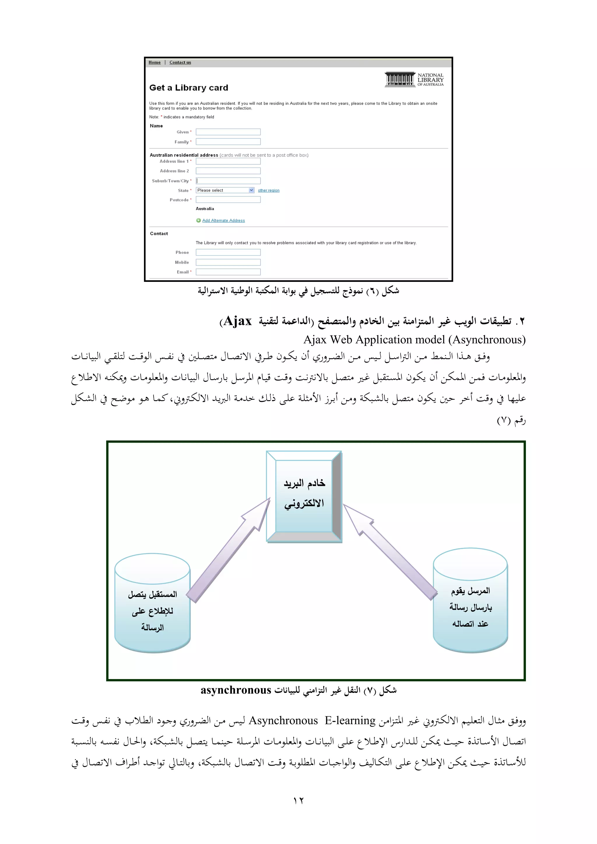 12
‫شكل‬(6)‫المكتب‬ ‫بوابة‬ ‫في‬ ‫للتسجيل‬ ‫نموذج‬‫ة‬‫الية‬‫ر‬‫الست‬ ‫الوطنية‬
0.‫بين‬ ‫امنة‬‫ز‬‫المت‬ ‫غير‬ ‫الويب‬ ‫تطبيقات‬‫الخادم‬‫والمتصفح‬(‫ل‬ ‫الداعمة‬‫تقنية‬Ajax)
Ajax Web Application model (Asynchronous)
‫ا‬‫ا‬‫ا‬‫ل‬‫ا‬ ‫ا‬ ‫ا‬‫ا‬‫ا‬‫ه‬ ‫ا‬‫ا‬‫ا‬‫ف‬‫ا‬‫ين‬ ‫ا‬‫ا‬‫ا‬‫ب‬ ‫اع‬‫ا‬‫ا‬‫ي‬‫ا‬ ‫ه‬ ‫شل‬ ‫ا‬‫ا‬‫ا‬‫ض‬‫ال‬ ‫ار‬‫ا‬‫ا‬ ‫ااس‬‫ا‬‫ا‬‫ل‬ ‫ال‬‫ا‬‫ا‬‫س‬‫ا‬‫رت‬‫ال‬ ‫ار‬‫ا‬‫ا‬‫اعت‬‫ا‬‫ا‬‫ط‬ ‫ا‬‫ا‬‫ا‬‫ط‬ ‫اة‬‫اب‬‫ا‬‫ا‬‫ق‬‫الع‬ ‫اس‬‫ا‬‫ا‬‫ف‬‫ن‬ ‫ين‬‫ا‬ ‫ا‬‫ا‬‫ا‬‫ن‬ ‫الوا‬ ‫اي‬‫ا‬‫ا‬ ‫ع‬ ‫ل‬
‫اب‬‫ا‬‫ق‬ ‫اب‬‫ا‬‫ن‬‫ةنرت‬ ‫ال‬‫ط‬ ‫اري‬‫ا‬‫غ‬ ‫ول‬ ‫ا‬‫ا‬ ‫اه‬ ‫اع‬‫ي‬‫ا‬ ‫ه‬ ‫ار‬‫ا‬‫ي‬ ‫اه‬ ‫ار‬‫ا‬ ‫ف‬ ‫ا‬ ‫ا‬ ‫اهيعع‬‫ال‬‫ا‬‫س‬ ‫اه‬ ‫ن‬ ‫ا‬‫ا‬‫ق‬‫االع‬‫ا‬‫ب‬‫اة‬ ‫اأ‬‫ا‬‫ا‬‫ميي‬ ‫ا‬ ‫ا‬‫ا‬ ‫اهيعع‬ ‫ا‬ ‫ا‬‫ن‬ ‫الوا‬ ‫ا‬‫ا‬‫س‬‫ش‬
‫اويب‬‫ل‬‫ل‬ ‫طل‬ ‫ايع‬ ‫ثت‬ ‫ه‬ ‫قب‬ ‫ين‬ ‫ععار‬‫ان‬‫ل‬‫ذ‬ ‫اإ‬‫ع‬‫ع‬ ‫اب‬‫ع‬‫ي‬ ‫األ‬ ‫ا‬ ‫ه‬ ‫ار‬‫ارت‬‫ي‬‫اةل‬ ‫ات‬‫ا‬ ‫ال‬ ‫اب‬ ‫ت‬‫اع‬‫ه‬ ‫ا‬ ‫مل‬،‫ايل‬‫ل‬‫ال‬ ‫ين‬ ‫اث‬‫ع‬‫ع‬
‫شقم‬(7)
‫شكل‬(7)‫ال‬‫للبيانات‬ ‫امني‬‫ز‬‫الت‬ ‫غير‬ ‫نقل‬asynchronous
‫ارت‬‫ا‬‫ي‬‫اةل‬ ‫اام‬‫ا‬‫ع‬‫ي‬ ‫ال‬ ‫ا‬‫ا‬‫ي‬ ‫ا‬‫ا‬‫ف‬‫ر‬ ‫ا‬ ‫ا‬‫ا‬ ‫اه‬ ‫اري‬‫ا‬‫غ‬Asynchronous E-learning‫ش‬ ‫ا‬‫ا‬‫ض‬‫ال‬ ‫ار‬‫ا‬ ‫ااس‬‫ا‬‫ل‬‫ل‬‫اعد‬‫ا‬‫ا‬‫اب‬‫ا‬‫ق‬ ‫اس‬‫ا‬‫ف‬‫ن‬ ‫ين‬ ‫اال‬‫ا‬‫ق‬‫ال‬
‫ا‬ ‫ا‬‫ا‬‫ط‬ ‫ا‬‫أل‬‫ا‬‫ا‬‫س‬‫ا‬‫ا‬‫ا‬‫ن‬ ‫الوا‬ ‫اإ‬‫ا‬‫ع‬‫ع‬ ‫االع‬‫ا‬‫ب‬‫اإل‬ ‫اتاشب‬‫ا‬‫ع‬‫ل‬ ‫ار‬‫ا‬‫ي‬‫مي‬ ‫ايف‬‫ا‬‫ا‬‫ث‬‫اعب‬‫ا‬‫س‬ ‫اه‬ ‫ا‬ ‫ا‬‫ا‬ ‫اهيعع‬ ‫ا‬‫ا‬‫ا‬ ‫ثاا‬‫ال‬‫ا‬‫ط‬ ‫ا‬‫اوب‬‫ا‬ ‫لا‬ ‫اأ‬‫ا‬ ‫نف‬ ‫ا‬‫ا‬‫حل‬‫ا‬ ،‫اويب‬‫ا‬‫ل‬‫ل‬
‫اويب‬‫ا‬‫ل‬‫ل‬ ‫ا‬‫ا‬‫ط‬ ‫اة‬ ‫اب‬‫ا‬‫ق‬ ‫اب‬‫ا‬‫اهقعع‬ ‫ا‬ ‫ا‬‫ا‬‫و‬‫اا‬‫ع‬‫ال‬ ‫لاف‬ ‫ا‬‫ا‬‫ي‬ ‫ال‬ ‫اإ‬‫ا‬‫ع‬‫ع‬ ‫االع‬‫ا‬‫ب‬‫اإل‬ ‫ار‬‫ا‬‫ي‬‫مي‬ ‫ايف‬‫ا‬‫ا‬‫ث‬ ‫ا‬ ‫ا‬‫ا‬‫س‬‫لأل‬،‫ا‬‫ا‬‫ط‬ ‫اة‬ ‫ا‬ ‫ا‬‫ا‬‫ب‬‫ه‬ ‫ات‬‫ا‬‫ا‬‫ا‬‫ع‬ ‫ا‬‫ا‬ ‫ل‬‫ين‬
‫المستقبل‬‫يتصل‬
‫لإلطالع‬‫على‬
‫الرسالة‬
‫يقوم‬ ‫المرسل‬
‫رسالة‬ ‫بارسال‬
‫اتصاله‬ ‫عند‬
‫البريد‬ ‫خادم‬
‫االلكتروني‬
 