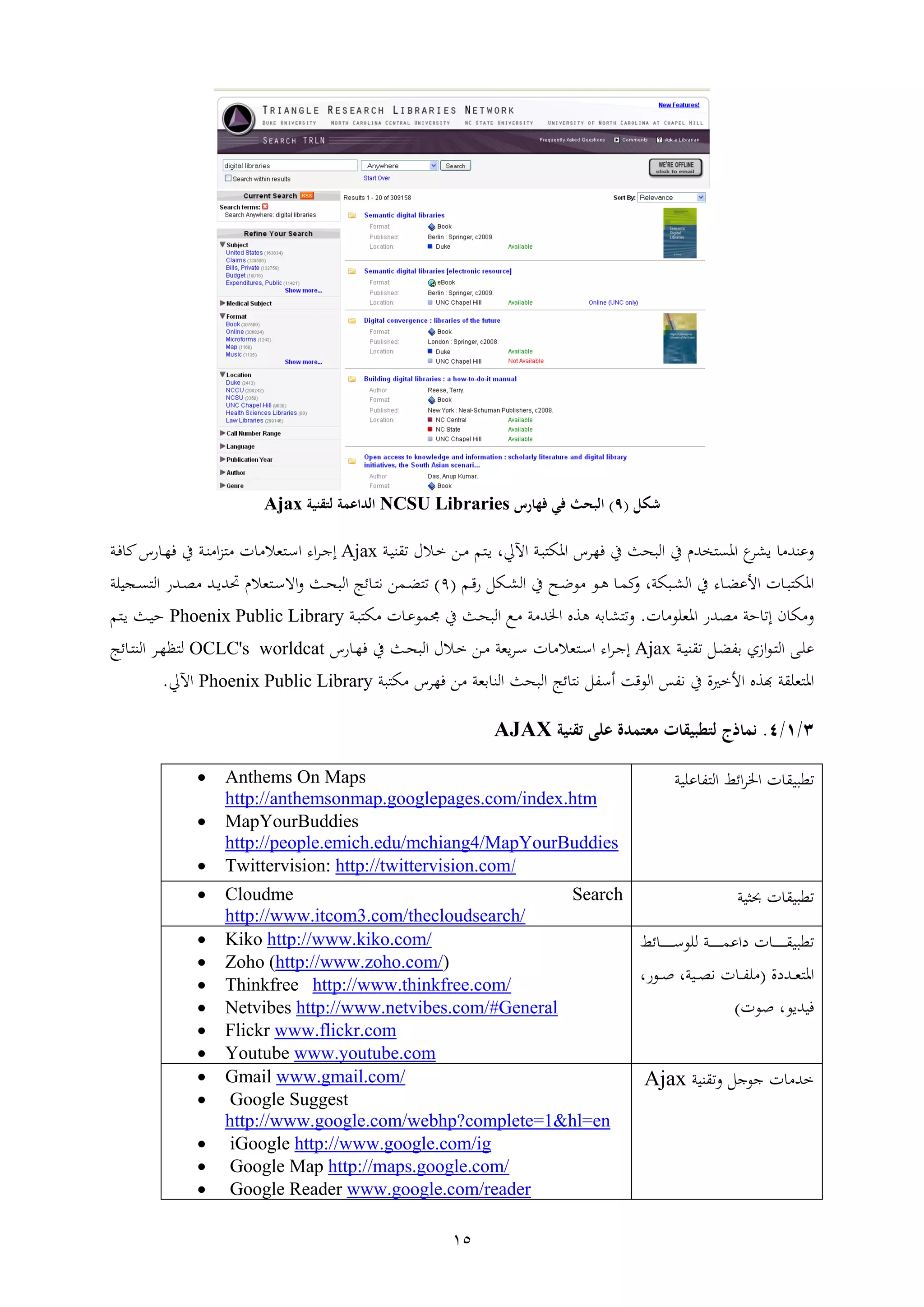15
‫شكل‬(9)‫س‬ ‫فها‬ ‫في‬ ‫البحث‬NCSU Libraries‫لتقنية‬ ‫الداعمة‬Ajax
‫عات‬‫اب‬‫و‬ ‫اهي‬ ‫ب‬ ‫فر‬ ‫ين‬ ‫الوثيف‬ ‫ين‬ ‫تن‬ ‫اه‬ ‫ع‬‫ال‬‫ا‬‫اب‬‫ا‬‫ا‬ ‫اال‬ ‫ار‬ ‫م‬ ‫ا‬‫ا‬ ،Ajax‫اء‬ ‫ا‬‫ا‬‫اب‬‫ف‬ ‫مل‬‫شب‬ ‫ا‬‫ر‬‫ف‬ ‫ين‬ ‫اب‬‫ا‬ ‫ا‬ ‫ا‬ ‫يال‬ ‫ا‬‫س‬‫ا‬
‫ايل‬‫ا‬‫ل‬‫ال‬ ‫ين‬ ‫اث‬‫ا‬‫ع‬‫ع‬ ‫اع‬‫ا‬‫ه‬ ‫ا‬‫ا‬ ‫مل‬ ،‫اويب‬‫ا‬‫ل‬‫ال‬ ‫ين‬ ‫ء‬ ‫ا‬‫ا‬‫ض‬‫األع‬ ‫ا‬ ‫ا‬‫ا‬‫و‬ ‫اهي‬‫ام‬‫ا‬‫ق‬‫ش‬(1)‫ر‬ ‫ا‬‫ا‬‫ض‬‫حت‬ ‫يالن‬ ‫ا‬‫ا‬‫س‬‫اة‬ ‫ايف‬‫ا‬‫ث‬‫الو‬ ‫ئ‬ ‫ا‬‫ا‬ ‫ن‬‫ت‬‫ا‬‫ا‬‫ا‬‫اجاعب‬‫ا‬ ‫ال‬ ‫اتش‬‫ا‬‫ط‬ ‫ت‬
‫ا‬ ‫اهيعع‬ ‫طتش‬ ‫ثب‬ ‫ي‬.‫اب‬‫و‬ ‫ي‬ ‫ا‬ ‫ا‬‫ع‬‫ع‬ ‫جم‬ ‫ين‬ ‫ايف‬‫ث‬‫الو‬ ‫اع‬ ‫ب‬ ‫اخلت‬ ‫ه‬ ‫أ‬ ‫ل‬Phoenix Public Library‫م‬ ‫ا‬‫ا‬ ‫ايف‬‫ا‬‫ث‬
‫ل‬ ‫ا‬‫ع‬‫ا‬‫ا‬ ‫ال‬ ‫اإ‬‫ا‬‫ع‬‫ع‬‫اب‬‫ا‬‫ا‬‫ا‬ ‫ال‬‫ا‬‫ض‬‫ف‬Ajax‫ايب‬ ‫ا‬‫ا‬‫س‬ ‫ا‬ ‫يال‬ ‫ا‬‫ا‬‫س‬‫ا‬ ‫اء‬ ‫ا‬‫ا‬‫ا‬‫اال‬‫ا‬ ‫ار‬‫ا‬‫شب‬ ‫ا‬‫ا‬‫ر‬‫ف‬ ‫ين‬ ‫ايف‬‫ا‬‫ث‬‫الو‬OCLC's worldcat‫ئ‬ ‫ا‬‫ا‬ ‫الا‬ ‫ا‬‫ا‬‫ر‬‫ظ‬ ‫ل‬
‫ريا‬ ‫األ‬ ‫د‬ ‫ب‬ ‫يع‬ ‫اه‬‫نفس‬ ‫ين‬‫العقب‬‫الوثيف‬ ‫ئ‬ ‫ن‬ ‫هسفل‬‫وب‬ ‫ي‬ ‫ب‬ ‫فر‬ ‫ر‬ ‫يب‬ ‫الا‬Phoenix Public Library‫ا‬.
4/1/3.‫نماذج‬‫ت‬ ‫على‬ ‫معتمدة‬ ‫لتطبيقات‬‫قنية‬AJAX
‫ائ‬ ‫اخل‬ ‫ا‬ ‫قوا‬‫ععاب‬ ‫ف‬ ‫ال‬ Anthems On Maps
http://anthemsonmap.googlepages.com/index.htm
 MapYourBuddies
http://people.emich.edu/mchiang4/MapYourBuddies
 Twittervision: http://twittervision.com/
‫حبياب‬ ‫ا‬ ‫قوا‬ Cloudme Search
http://www.itcom3.com/thecloudsearch/
‫ا‬ ‫ا‬‫ا‬‫ا‬‫ا‬‫ا‬‫ا‬‫ا‬‫ا‬‫ا‬‫ا‬‫ا‬ ‫قوا‬‫ئ‬ ‫ا‬‫ا‬‫ا‬‫ا‬‫ا‬‫ا‬‫ا‬‫ا‬‫ا‬‫ا‬‫ا‬‫س‬‫لعع‬ ‫اب‬‫ا‬‫ا‬‫ا‬‫ا‬‫ا‬‫ا‬‫ا‬‫ا‬‫ا‬‫ا‬ ‫داع‬
‫اتدا‬‫ا‬‫ا‬‫ي‬ ‫اه‬(‫ع‬،‫اعش‬‫ا‬‫ا‬‫ص‬ ،‫ااب‬‫ا‬‫ا‬‫ط‬‫ن‬ ‫ا‬ ‫ا‬‫ا‬‫ا‬‫ف‬
‫صعا‬ ،‫فاتاع‬)
 Kiko http://www.kiko.com/
 Zoho (http://www.zoho.com/)
 Thinkfree http://www.thinkfree.com/
 Netvibes http://www.netvibes.com/#General
 Flickr www.flickr.com
 Youtube www.youtube.com
‫اعال‬ ‫ا‬ ‫ت‬‫ااب‬Ajax Gmail www.gmail.com/
 Google Suggest
http://www.google.com/webhp?complete=1&hl=en
 iGoogle http://www.google.com/ig
 Google Map http://maps.google.com/
 Google Reader www.google.com/reader
 