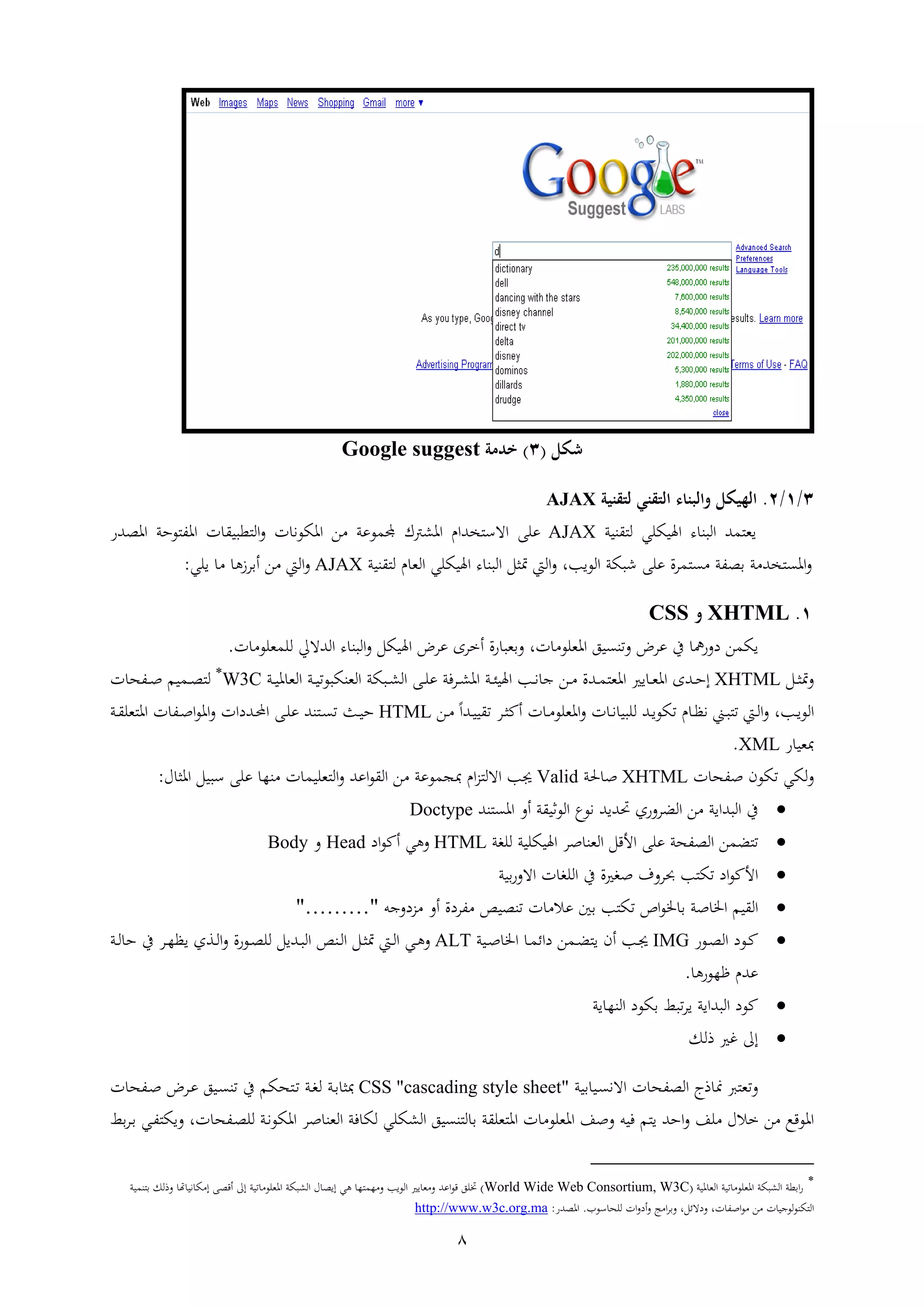 8
‫شكل‬(4)‫خدمة‬Google suggest
4/1/0.‫الهيكل‬‫والبناء‬‫التقني‬‫لتقنية‬AJAX
‫ت‬ ‫اي‬‫ال‬‫وا‬‫ء‬‫اهلايعي‬‫ااب‬ ‫ل‬AJAX‫ععإ‬‫اهلرت‬ ‫تان‬ ‫اةس‬‫ر‬ ‫ععب‬ ‫ي‬‫ا‬ ‫اهيعن‬‫ال‬‫ا‬ ‫قوا‬‫اه‬‫اهطتش‬ ‫عثب‬ ‫ف‬
‫العا‬ ‫ةويب‬ ‫ععإ‬ ‫ا‬ ‫طفب‬ ‫ب‬ ‫ت‬ ‫اه‬،‫ا‬‫لم‬‫ااب‬ ‫ل‬ ‫ن‬ ‫الي‬ ‫اهلايعي‬ ‫ء‬ ‫الوا‬ ‫متيل‬AJAX‫ه‬ ‫ه‬ ‫ر‬ ‫الم‬‫اعي‬:
1.XHTML‫و‬CSS
‫ر‬ ‫اي‬‫ين‬ ‫ش‬ ‫د‬‫ا‬ ‫اهيعع‬ ‫ا‬ ‫ا‬ ‫ض‬ ‫ع‬‫ا‬ ‫ه‬ ‫شا‬ ‫يو‬ ،‫ض‬ ‫ع‬‫اهلايل‬‫التة‬ ‫ء‬ ‫الوا‬‫ا‬ ‫يعع‬ ‫لع‬.
‫ال‬‫ا‬‫ي‬‫مت‬XHTML‫اتا‬‫ا‬‫ث‬‫اه‬‫اري‬ ‫ا‬‫ا‬‫ي‬‫اب‬‫ا‬‫ا‬‫ه‬ ‫الي‬ ‫اب‬‫ا‬‫ا‬‫اليايوع‬ ‫اويب‬‫ا‬‫ل‬‫ال‬ ‫اإ‬‫ا‬‫ع‬‫ع‬ ‫فب‬ ‫ا‬‫ا‬‫ل‬‫اه‬ ‫اب‬‫ا‬‫ئ‬‫اهلا‬ ‫ا‬‫ا‬‫ن‬ ‫ا‬ ‫ار‬‫ا‬ ‫اتا‬‫ا‬ ‫اهي‬
W3C‫ا‬ ‫افث‬‫ا‬‫ص‬ ‫ام‬ ‫ا‬‫ا‬‫ط‬ ‫ل‬
‫ا‬‫ا‬‫ا‬‫الع‬،‫ن‬ ‫ا‬‫ا‬‫ظ‬‫ن‬ ‫اين‬‫ا‬‫و‬ ‫ام‬‫ا‬‫ل‬‫ا‬‫ات‬‫ا‬‫ا‬‫يع‬‫اهيع‬ ‫ا‬ ‫ا‬‫ا‬‫ن‬ ‫لعوا‬‫ا‬ ‫ا‬‫ا‬ ‫ع‬‫ات‬‫ا‬‫ا‬‫ا‬ ‫ا‬‫ا‬‫ي‬‫همل‬ً‫ا‬‫ار‬‫ا‬HTML‫ايف‬‫ا‬‫ا‬‫ث‬‫ات‬ ‫ا‬‫ا‬‫اإ‬‫ا‬‫ع‬‫ع‬‫ا‬‫ا‬‫و‬‫ا‬‫تداا‬‫اه‬‫ا‬ ‫اف‬‫ا‬‫ص‬‫ا‬‫ع‬‫اب‬‫ا‬ ‫يع‬ ‫اه‬
‫ب‬‫ش‬ ‫يا‬XML.
‫ا‬ ‫صفث‬ ‫يع‬ ‫ليي‬XHTML‫حلب‬ ‫ص‬Valid‫ا‬ ‫يعا‬ ‫ال‬ ‫اعت‬‫ع‬ ‫ال‬ ‫ر‬ ‫ععب‬ ‫بج‬ ‫ان‬ ‫اةل‬ ‫جي‬‫ا‬‫اهي‬ ‫سوال‬ ‫ععإ‬ ‫ر‬:
‫ه‬ ‫ب‬ ‫ا‬‫الع‬ ‫نعع‬ ‫حتتات‬ ‫شل‬ ‫الض‬ ‫ر‬ ‫الوتااب‬ ‫ين‬‫ات‬ ‫اه‬Doctype
‫ر‬ ‫ض‬‫الطفثب‬‫عع‬‫لعتب‬ ‫اهلايعاب‬ ‫ص‬ ‫اليا‬ ‫األقل‬ ‫إ‬HTML‫هي‬‫اد‬‫ع‬‫همل‬HeadBody
‫صتري‬ ‫حب‬ ‫ي‬ ‫اد‬‫ع‬‫األمل‬‫ا‬‫اب‬‫ش‬ ‫اة‬ ‫ا‬ ‫العت‬ ‫ين‬
‫ي‬ ‫اص‬‫ع‬‫خل‬ ‫صب‬ ‫اخل‬ ‫ام‬ ‫ال‬‫اأ‬ ‫د‬ ‫ه‬ ‫دا‬ ‫ف‬ ‫اطاص‬ ‫ا‬ ‫عال‬ ‫ت‬"………"
‫اعش‬‫ا‬‫ط‬‫ال‬ ‫اعد‬‫ا‬‫مل‬IMG‫ا‬‫ا‬‫جي‬‫ه‬‫ااب‬‫ا‬‫ص‬ ‫اخل‬ ‫ا‬‫ا‬ ‫دائ‬ ‫ر‬ ‫ا‬‫ا‬‫ض‬ ‫ا‬ALT‫ال‬‫ا‬‫ي‬‫مت‬ ‫ام‬‫ا‬‫ل‬‫ا‬ ‫اي‬‫ا‬‫ه‬‫اعشا‬‫ا‬‫ط‬‫لع‬ ‫اتال‬‫ا‬‫و‬‫ال‬ ‫ااص‬‫ا‬‫ل‬‫ا‬‫ا‬‫ا‬‫ر‬‫اظ‬ ‫ل‬ ‫ا‬‫ا‬‫ل‬‫ا‬‫اب‬‫ا‬‫ل‬ ‫ث‬ ‫ين‬
‫فرعش‬ ‫عتن‬‫ه‬.
‫اب‬ ‫الار‬ ‫يعد‬ ‫و‬ ‫ا‬ ‫الوتااب‬ ‫ملعد‬
‫ذلن‬ ‫غري‬ ‫ىل‬
‫ي‬‫ا‬ ‫الطفث‬ ‫ذج‬ ‫من‬‫اب‬ ‫اا‬ ‫اةن‬"cascading style sheet"CSS‫اب‬ ‫بي‬‫ا‬ ‫افث‬‫ص‬ ‫ض‬ ‫ا‬‫ع‬ ‫اا‬ ‫ا‬ ‫ين‬ ‫ثيم‬ ‫ا‬ ‫اب‬‫ت‬‫ل‬
‫اثت‬ ‫عف‬ ‫ال‬ ‫ر‬ ‫اهعقع‬‫فاأ‬ ‫م‬ ‫ا‬‫ا‬ ‫اهيعع‬ ‫صف‬‫ص‬ ‫اليا‬ ‫فب‬ ‫لي‬ ‫الليعي‬ ‫ا‬ ‫ا‬ ‫ل‬ ‫ب‬ ‫يع‬ ‫اه‬‫اب‬‫ن‬‫اهيع‬‫ا‬ ‫افث‬‫ط‬‫لع‬،‫ا‬ ‫اي‬‫ف‬ ‫اي‬

‫قب‬ ‫ا‬‫ش‬‫اللويب‬‫اب‬ ‫اهيعع‬‫هاب‬ ‫الي‬(World Wide Web Consortium, W3C)‫ختع‬‫اعت‬‫ع‬‫ق‬‫اري‬ ‫ي‬‫العا‬‫ر‬ ‫ر‬‫هي‬‫اط‬‫اللويب‬‫اب‬ ‫اهيعع‬‫ىل‬‫هقطإ‬‫هت‬ ‫نا‬ ‫ي‬‫ذلن‬‫ا‬‫اب‬
‫ا‬ ‫لعاا‬‫ع‬‫يا‬ ‫ال‬،‫ا‬ ‫اصف‬‫ع‬ ‫ر‬،‫دةئل‬‫ا‬‫اا‬ ‫هد‬‫سع‬ ‫لعث‬.‫اهطتش‬:http://www.w3c.org.ma
 