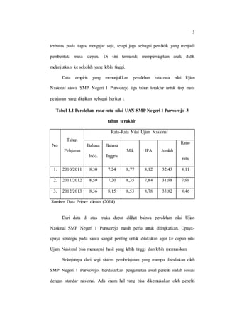 3
terbatas pada tugas mengajar saja, tetapi juga sebagai pendidik yang menjadi
pembentuk masa depan. Di sini termasuk mempersiapkan anak didik
melanjutkan ke sekolah yang lebih tinggi.
Data empiris yang menunjukkan perolehan rata-rata nilai Ujian
Nasional siswa SMP Negeri 1 Purworejo tiga tahun terakhir untuk tiap mata
pelajaran yang diujikan sebagai berikut :
Tabel 1.1 Perolehan rata-rata nilai UAN SMP Negeri 1 Purworejo 3
tahun terakhir
No
Tahun
Pelajaran
Rata-Rata Nilai Ujian Nasional
Bahasa
Indo.
Bahasa
Inggris
Mtk IPA Jumlah
Rata-
rata
1. 2010/2011 8,30 7,24 8,77 8,12 32,43 8,11
2. 2011/2012 8,59 7,20 8,35 7,84 31,98 7,99
3. 2012/2013 8,36 8,15 8,53 8,78 33,82 8,46
Sumber Data Primer diolah (2014)
Dari data di atas maka dapat dilihat bahwa perolehan nilai Ujian
Nasional SMP Negeri 1 Purworejo masih perlu untuk ditingkatkan. Upaya-
upaya strategis pada siswa sangat penting untuk dilakukan agar ke depan nilai
Ujian Nasional bisa mencapai hasil yang lebih tinggi dan lebih memuaskan.
Selanjutnya dari segi sistem pembelajaran yang mampu disediakan oleh
SMP Negeri 1 Purworejo, berdasarkan pengamatan awal peneliti sudah sesuai
dengan standar nasional. Ada enam hal yang bisa dikemukakan oleh peneliti
 