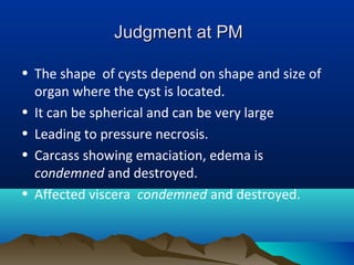 Judgment at PMJudgment at PM
• The shape of cysts depend on shape and size of
organ where the cyst is located.
• It can be spherical and can be very large
• Leading to pressure necrosis.
• Carcass showing emaciation, edema is
condemned and destroyed.
• Affected viscera condemned and destroyed.
 