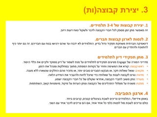 3.‫קבוצה‬ ‫יצירת‬(‫ות‬)
1.‫של‬ ‫קבוצות‬ ‫יצירת‬3-4‫תלמידים‬.
‫רחב‬ ‫דעות‬ ‫טווח‬ ‫ולשקול‬ ‫לדבר‬ ‫הקבוצה‬ ‫חברי‬ ‫לכל‬ ‫מספק‬ ‫זמן‬ ‫מתן‬ ‫מאפשר‬ ‫זה‬.
2.‫חברים‬ ‫קבוצות‬ ‫לארגן‬ ‫לנסות‬.
‫בדיון‬ ‫גדול‬ ‫תפקיד‬ ‫משחקת‬ ‫חברתית‬ ‫דינאמיקה‬.‫חבריהם‬ ‫עם‬ ‫בנוח‬ ‫ירגישו‬ ‫שהם‬ ‫עד‬ ‫ידברו‬ ‫לא‬ ‫התלמידים‬.‫כיף‬ ‫יותר‬ ‫גם‬ ‫זה‬
‫חברים‬ ‫עם‬ ‫ולהתדיין‬ ‫להתווכח‬.
3.‫לתלמידים‬ ‫דיון‬ ‫תפקידי‬ ‫מתן‬
‫של‬ ‫המורה‬ ‫מדריכי‬Engage‫היסוד‬ ‫כללי‬ ‫את‬ ‫ולקיים‬ ‫ממוקד‬ ‫דיון‬ ‫על‬ ‫לשמור‬ ‫מנת‬ ‫על‬ ‫לתלמידים‬ ‫תפקידים‬ ‫מציעים‬.
•‫ראש‬‫קבוצה‬:‫המפתח‬ ‫נקודות‬ ‫על‬ ‫וחוזר‬ ‫המשימה‬ ‫את‬ ‫קורא‬;‫הזמן‬ ‫את‬ ‫ומנהל‬ ‫במחלקות‬ ‫מתווך‬.
•‫מקשיב‬:‫חקר‬ ‫שאלות‬ ‫שואל‬,‫יותר‬ ‫טובים‬ ‫הסברים‬ ‫מבקש‬ ‫או‬,‫מענה‬ ‫ללא‬ ‫שנשארו‬ ‫החלקים‬ ‫מהם‬ ‫מזכיר‬ ‫או‬.
•‫מדווח‬:‫הלאה‬ ‫המידע‬ ‫את‬ ‫ולהעביר‬ ‫לדווח‬ ‫שיוכל‬ ‫כדי‬ ‫שאלותיו‬ ‫על‬ ‫לענות‬ ‫לקבוצה‬ ‫גורם‬.
•‫מעודד‬:‫הקבוצה‬ ‫לחברי‬ ‫משוב‬ ‫נותן‬,‫ישמע‬ ‫הקבוצה‬ ‫חברי‬ ‫כל‬ ‫של‬ ‫שקולם‬ ‫אחראי‬.
•‫מפקח‬:‫מיקוד‬ ‫על‬ ‫הערות‬ ‫ונותן‬ ‫הקבוצה‬ ‫של‬ ‫התהליכים‬ ‫מסלולי‬ ‫על‬ ‫משגיח‬,‫קשב‬ ‫מיומנויות‬,‫השתתפות‬.
4.‫הסביבה‬ ‫ארגון‬
‫אידיאלי‬ ‫באופן‬,‫קטנים‬ ‫בעיגולים‬ ‫לשבת‬ ‫צריכים‬ ‫התלמידים‬,‫ביחד‬ ‫קרובים‬.
‫אחר‬ ‫אחד‬ ‫כל‬ ‫כלפי‬ ‫לפנות‬ ‫מול‬ ‫לשבת‬ ‫צריכים‬ ‫כולם‬,‫השני‬ ‫עם‬ ‫אחד‬ ‫לדבר‬ ‫צריכים‬ ‫הם‬ ‫אם‬.
 