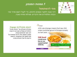 ‫להשתמש‬ ‫מתי‬?
‫חדשים‬ ‫נושאים‬ ‫לחקור‬ ‫טובה‬ ‫דרך‬,‫מהי‬ ‫מהיר‬ ‫רושם‬ ‫לקבל‬ ‫כדי‬
‫הדברים‬ ‫את‬ ‫התלמידים‬ ‫הבנת‬.‫טובה‬ ‫פתיח‬ ‫פעילות‬.
‫מפעילויות‬ ‫דוגמא‬Engage
‫של‬ ‫הפעילות‬ ‫בתחילת‬"‫גנטית‬ ‫הנדסה‬"
‫קונים‬ ‫היו‬ ‫הם‬ ‫האם‬ ‫נשאלים‬ ‫התלמידים‬
‫גנטית‬ ‫מהונדסים‬ ‫בוקר‬ ‫דגני‬.
‫על‬ ‫שימושית‬ ‫להיות‬ ‫יכולה‬ ‫המצפון‬ ‫סמטת‬
‫המחשבות‬ ‫את‬ ‫לאסוף‬ ‫מנת‬,‫הרגשות‬
‫גנטית‬ ‫מהונדס‬ ‫אוכל‬ ‫על‬ ‫והדעות‬.
1.‫המצפון‬ ‫סמטת‬
 