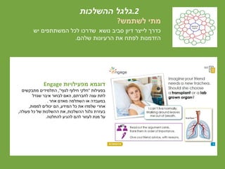 ‫לשתמש‬ ‫מתי‬?
‫נושא‬ ‫סביב‬ ‫דיון‬ ‫לייצר‬ ‫כדרך‬‫יש‬ ‫המשתתפים‬ ‫לכל‬ ‫שדרכו‬
‫שלהם‬ ‫הרעיונות‬ ‫את‬ ‫לפתח‬ ‫הזדמנות‬.
‫מפעילויות‬ ‫דוגמא‬Engage
‫בפעילות‬"‫לגוף‬ ‫חילוף‬ ‫חלקי‬",‫מתבקשים‬ ‫התלמידים‬
‫לחברתם‬ ‫עצה‬ ‫לתת‬,‫שגדל‬ ‫איבר‬ ‫לבחור‬ ‫האם‬
‫אחר‬ ‫מאדם‬ ‫השתלמה‬ ‫או‬ ‫במעבדה‬.
‫המידע‬ ‫כל‬ ‫את‬ ‫שלמדו‬ ‫אחרי‬,‫למפות‬ ‫יכולים‬ ‫הם‬,
‫ההשלכות‬ ‫גלגל‬ ‫בעזרת‬,‫פעולה‬ ‫כל‬ ‫של‬ ‫ההשלכות‬ ‫את‬,
‫להחלטה‬ ‫להגיע‬ ‫להם‬ ‫לעזור‬ ‫מנת‬ ‫על‬.
2.‫ההשלכות‬ ‫גלגל‬
 