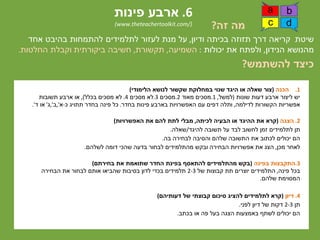 6.‫פינות‬ ‫ארבע‬
(www.theteachertoolkit.com/) ‫זה‬ ‫מה‬?
‫שיטת‬‫ודיון‬ ‫בכיתה‬ ‫תזוזה‬ ‫דרך‬ ‫קריאה‬,‫אחד‬ ‫בהיבט‬ ‫להתמחות‬ ‫לתלמידים‬ ‫לעזור‬ ‫מנת‬ ‫על‬
‫הנידון‬ ‫מהנושא‬,‫יכולות‬ ‫את‬ ‫ולפתח‬:‫השמיעה‬,‫תקשורת‬,‫ביקורתית‬ ‫חשיבה‬‫החלטות‬ ‫וקבלת‬.
‫להשתמש‬ ‫כיצד‬?
.1‫הכנה‬(‫הלימודי‬ ‫לנושא‬ ‫שקשור‬ ‫במחלוקת‬ ‫שנוי‬ ‫היגד‬ ‫או‬ ‫שאלה‬ ‫צור‬)
‫שונות‬ ‫דעות‬ ‫ארבע‬ ‫ליצור‬ ‫יש‬(‫למשל‬,1.‫מאוד‬ ‫מסכים‬2.‫מסכים‬3.‫מסכים‬ ‫לא‬4.‫בכלל‬ ‫מסכים‬ ‫לא‬),‫תשובות‬ ‫ארבע‬ ‫או‬
‫לדילמה‬ ‫הקשורות‬ ‫אפשריות‬,‫בחדר‬ ‫פינות‬ ‫בארבע‬ ‫האפשרויות‬ ‫עם‬ ‫דפים‬ ‫ותלה‬.‫כ‬ ‫תתויג‬ ‫בחדר‬ ‫פינה‬ ‫כל‬-‫א‬,'‫ב‬,'‫ג‬'‫ד‬ ‫או‬'.
2.‫הצגה‬(‫לכיתה‬ ‫הבעיה‬ ‫או‬ ‫ההיגד‬ ‫את‬ ‫קרא‬,‫האפשרויות‬ ‫את‬ ‫להם‬ ‫לתת‬ ‫מבלי‬)
‫להיגד‬ ‫תשובה‬ ‫על‬ ‫לבד‬ ‫לחשוב‬ ‫זמן‬ ‫לתלמידים‬ ‫תן‬/‫שאלה‬.
‫בה‬ ‫לבחירה‬ ‫והסיבה‬ ‫שלהם‬ ‫התשובה‬ ‫את‬ ‫לכתוב‬ ‫יכולים‬ ‫הם‬.
‫מכן‬ ‫לאחר‬,‫לשלהם‬ ‫דומה‬ ‫שהכי‬ ‫בדעה‬ ‫לבחור‬ ‫מהתלמידים‬ ‫ובקש‬ ‫הבחירה‬ ‫אפשרויות‬ ‫את‬ ‫הצג‬.
3.‫בפינה‬ ‫התקבצות‬(‫בחירתם‬ ‫את‬ ‫שתואמת‬ ‫החדר‬ ‫בפינת‬ ‫להתאסף‬ ‫מהתלמידים‬ ‫בקש‬)
‫פינה‬ ‫בכל‬,‫של‬ ‫קבוצות‬ ‫תת‬ ‫יוצרים‬ ‫התלמידים‬2-3‫הבחירה‬ ‫את‬ ‫לבחור‬ ‫אותם‬ ‫שהביאו‬ ‫בסיבות‬ ‫לדון‬ ‫בכדי‬ ‫תלמידים‬
‫שלהם‬ ‫המסוימת‬.
4.‫דיון‬(‫דעותיהם‬ ‫של‬ ‫קבוצתי‬ ‫סיכום‬ ‫להציג‬ ‫לתלמידים‬ ‫קרא‬)
‫תן‬2-3‫לפני‬ ‫דיון‬ ‫של‬ ‫דקות‬.
‫בכתב‬ ‫או‬ ‫פה‬ ‫בעל‬ ‫הצגה‬ ‫באמצעות‬ ‫לשתף‬ ‫יכולים‬ ‫הם‬.
a b
c d
 