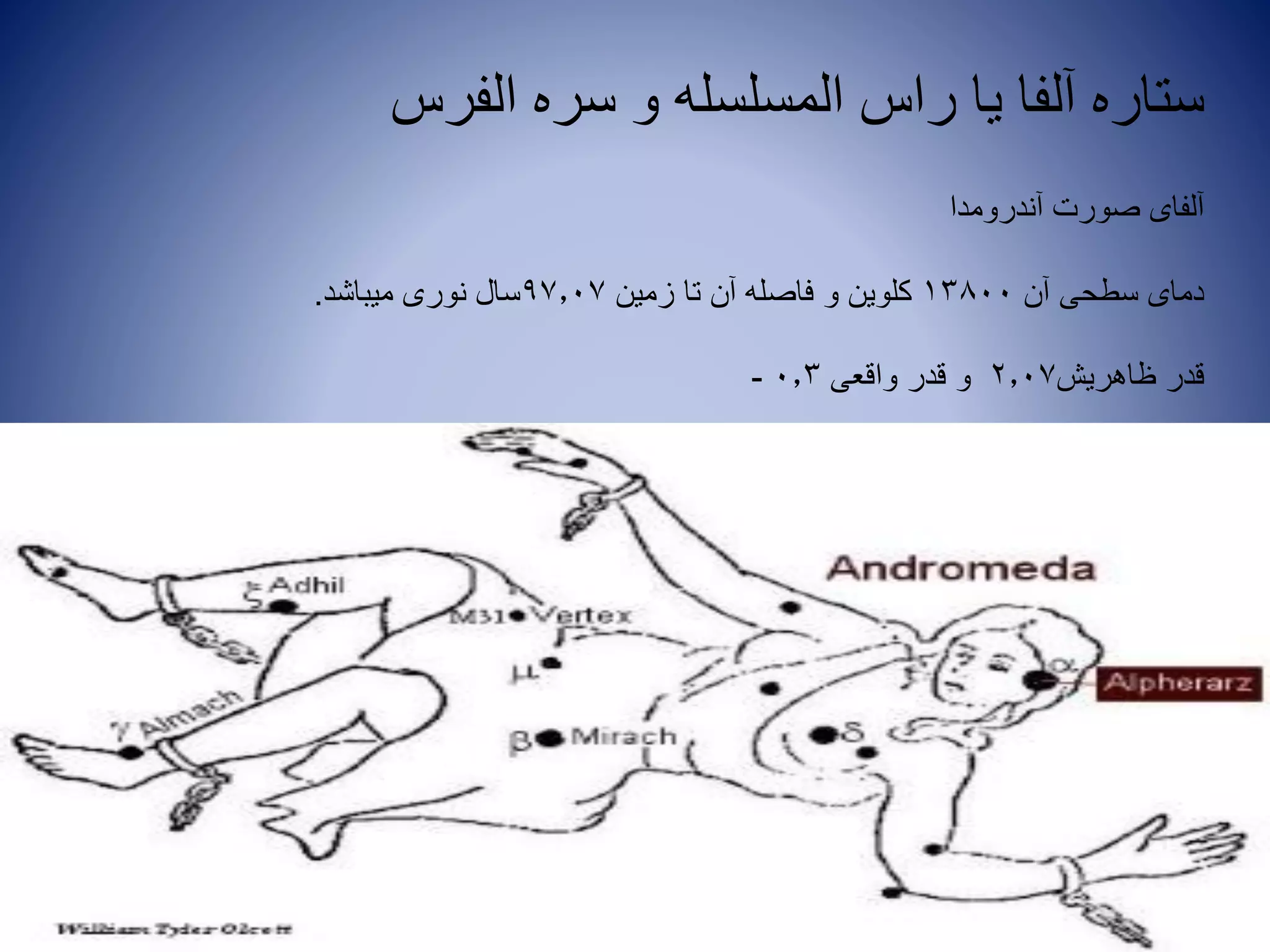 ‫الفرس‬ ‫سره‬ ‫و‬ ‫المسلسله‬ ‫راس‬ ‫یا‬ ‫آلفا‬ ‫ستاره‬
‫آندرومدا‬ ‫صورت‬ ‫آلفای‬
‫آن‬ ‫سطحی‬ ‫دمای‬13800‫زمین‬ ‫تا‬ ‫آن‬ ‫فاصله‬ ‫و‬ ‫کلوین‬97.07‫میباشد‬ ‫نوری‬ ‫سال‬.
‫ظاهریش‬ ‫قدر‬2.07‫واقعی‬ ‫قدر‬ ‫و‬0.3-
 