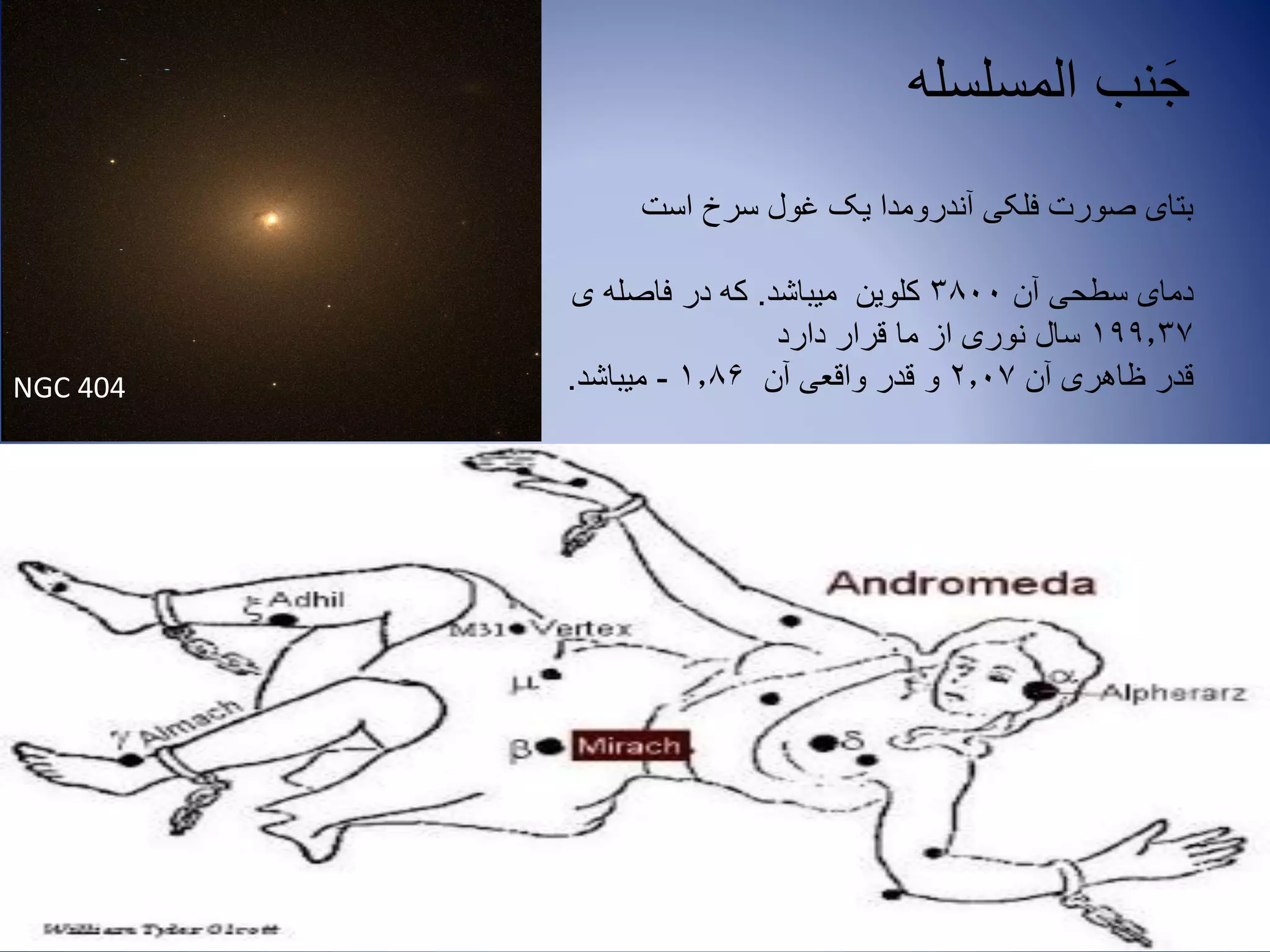 ‫است‬ ‫سرخ‬ ‫غول‬ ‫یک‬ ‫آندرومدا‬ ‫فلکی‬ ‫صورت‬ ‫بتای‬
‫آن‬ ‫سطحی‬ ‫دمای‬3800‫میباشد‬ ‫کلوین‬.‫ی‬ ‫فاصله‬ ‫در‬ ‫که‬
199.37‫دارد‬ ‫قرار‬ ‫ما‬ ‫از‬ ‫نوری‬ ‫سال‬
‫آن‬ ‫ظاهری‬ ‫قدر‬2.07‫آن‬ ‫واقعی‬ ‫قدر‬ ‫و‬1.86-‫میباشد‬.
‫المسلسله‬ ‫نب‬َ‫ج‬
NGC 404
 